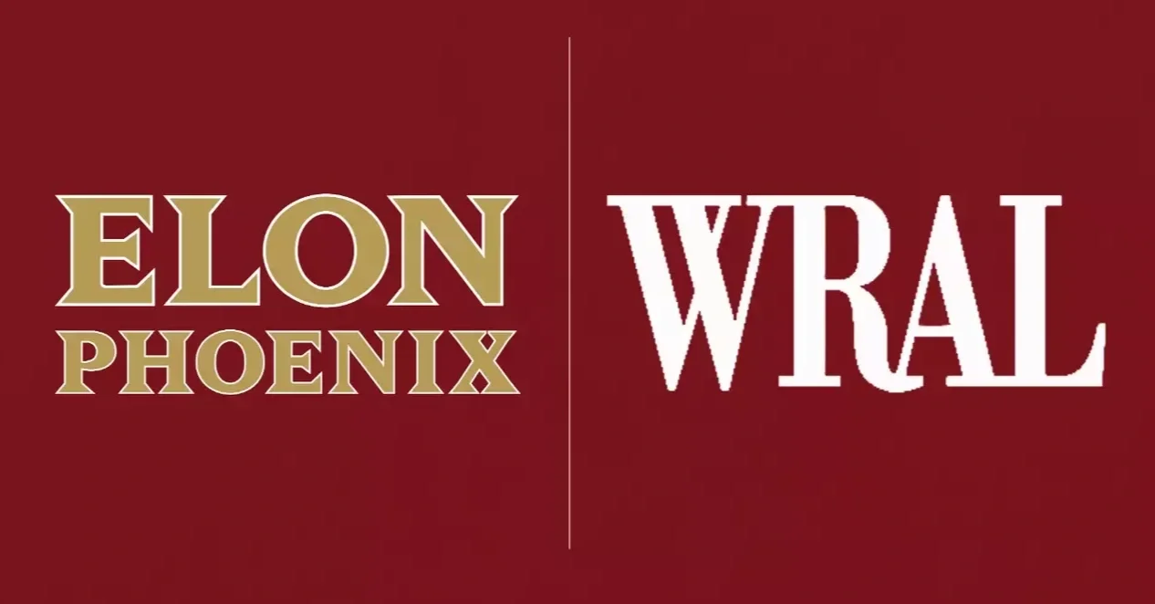 Logo of Elon Phoenix Wral divided by a vertical line on a red background.