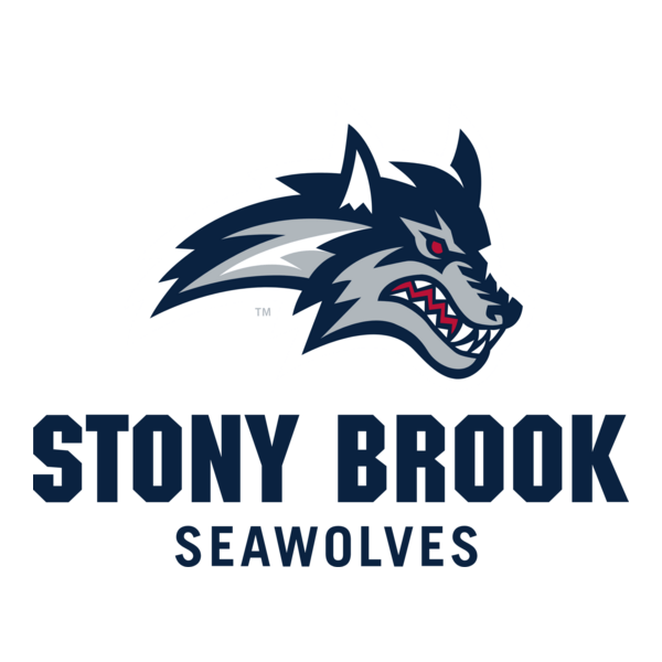 Logo of the Stony Brook SeaWolves featuring a fierce, grey and navy wolf's head with red eyes, with the team name below.