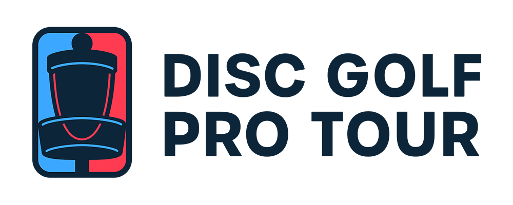 Logo for Disc Golf Pro Tour featuring a stylized disc golf basket and the text "Disc Golf Pro Tour."