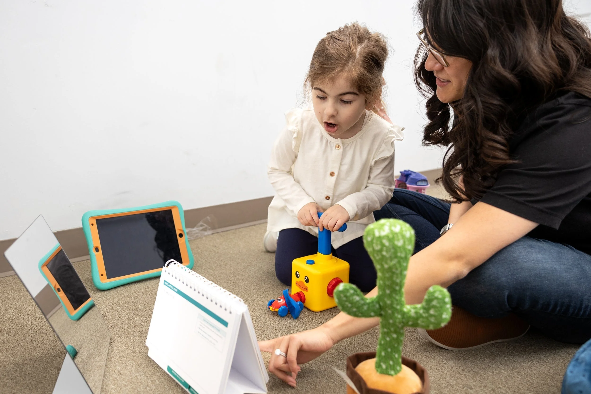 Speech Therapist working with Child using AAC and Toys - Play Based Therapy