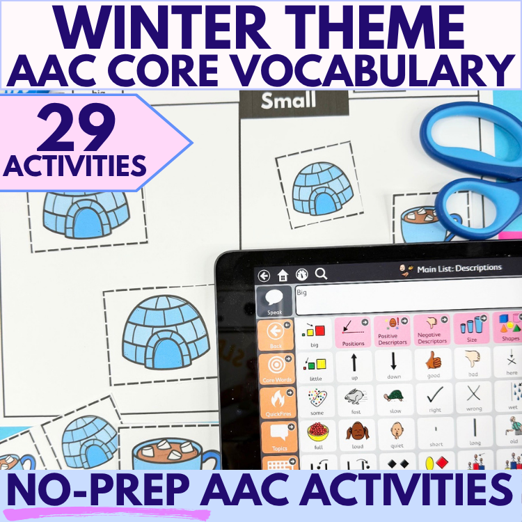 29 Winter AAC Core Word Speech Therapy Activities