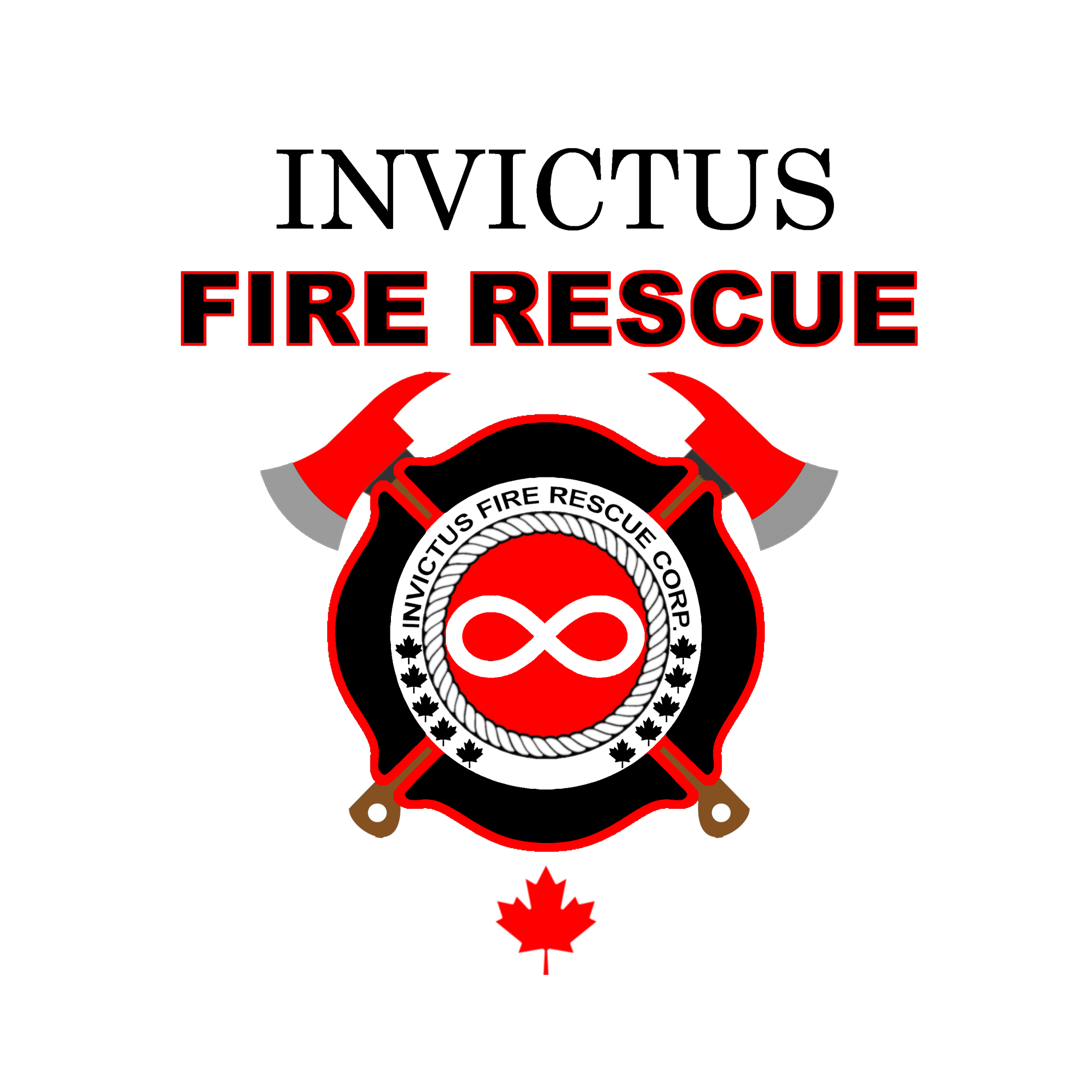 Fire rescue emblem with two crossed axes, a red circle with a white infinity symbol, a maple leaf, and text reading "FIRE RESCUE" and "INVICTUS FIRE RESCUE CORP." on a black background.