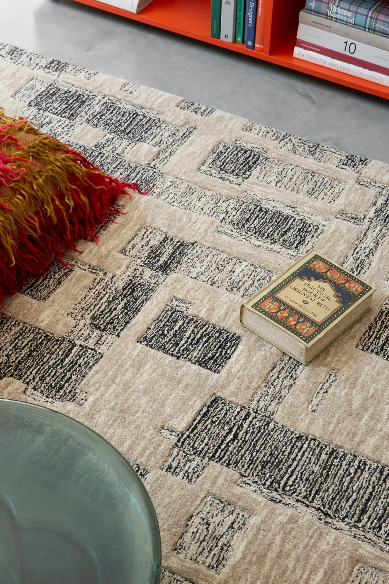 Close-up of a patterned beige and black area rug on a concrete floor, with a red and orange fringed pillow, a book titled 'The Practical Book of Oriental Rugs,' and a glass table partially visible.