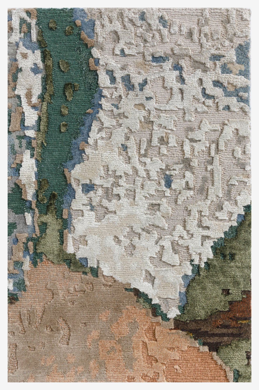Close-up of a textured, multicolored abstract rug with beige, green, blue, and brown patches.