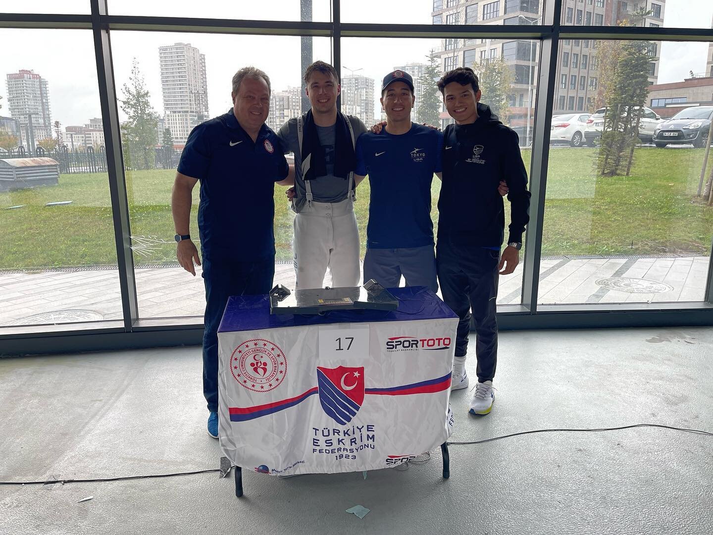 MTeam TeamUSA fencers at the Istanbul Sr. World Cup (missing James, GBR). MTeam fencers: James (top 64), Gerek and Chase (top 32), and Alexander (GOLD)!