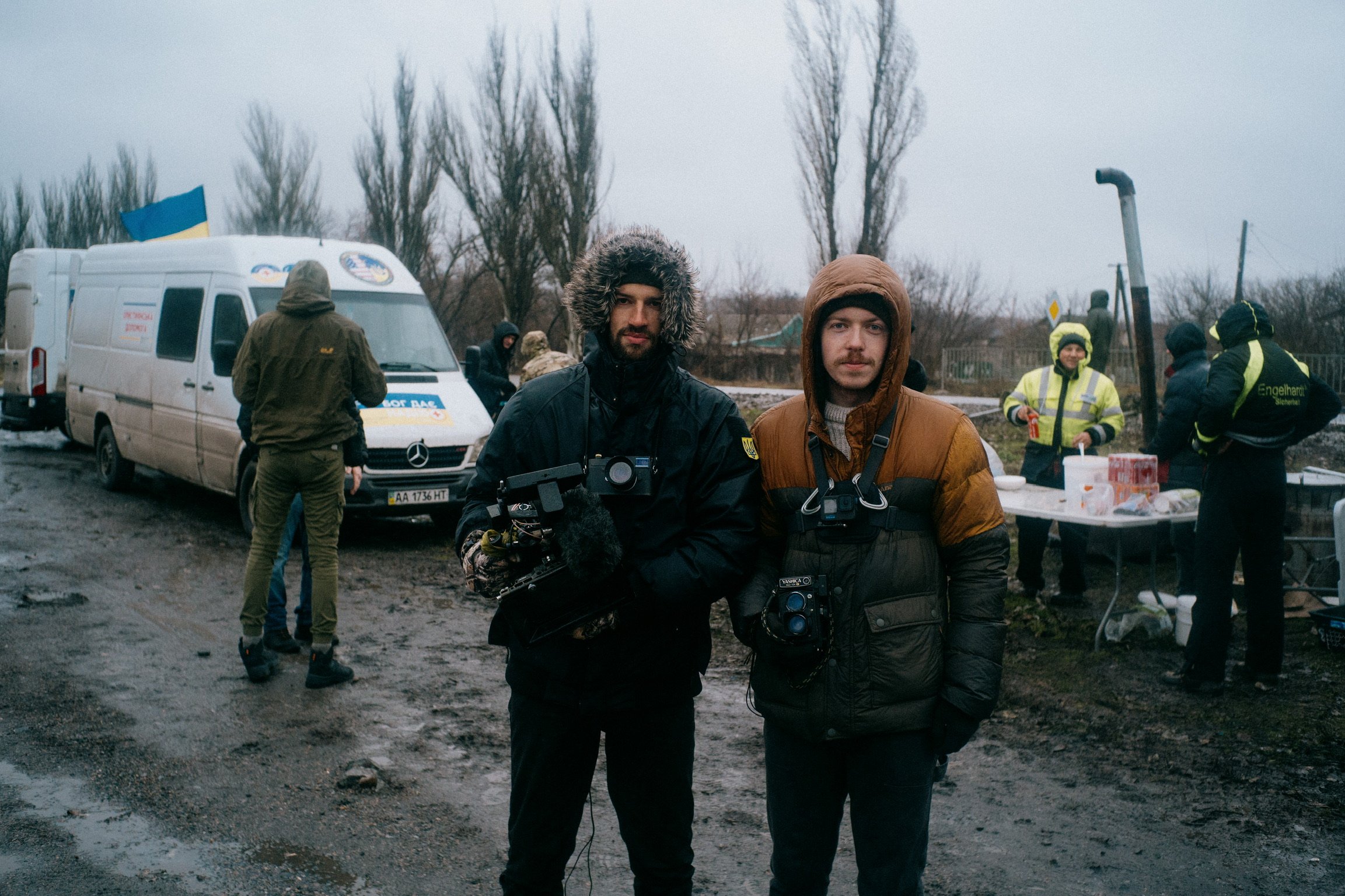 Josh Etheridge and Noah Stone working in the Donetsk Region of Ukraine, capturing images for 'The Grey Zone'