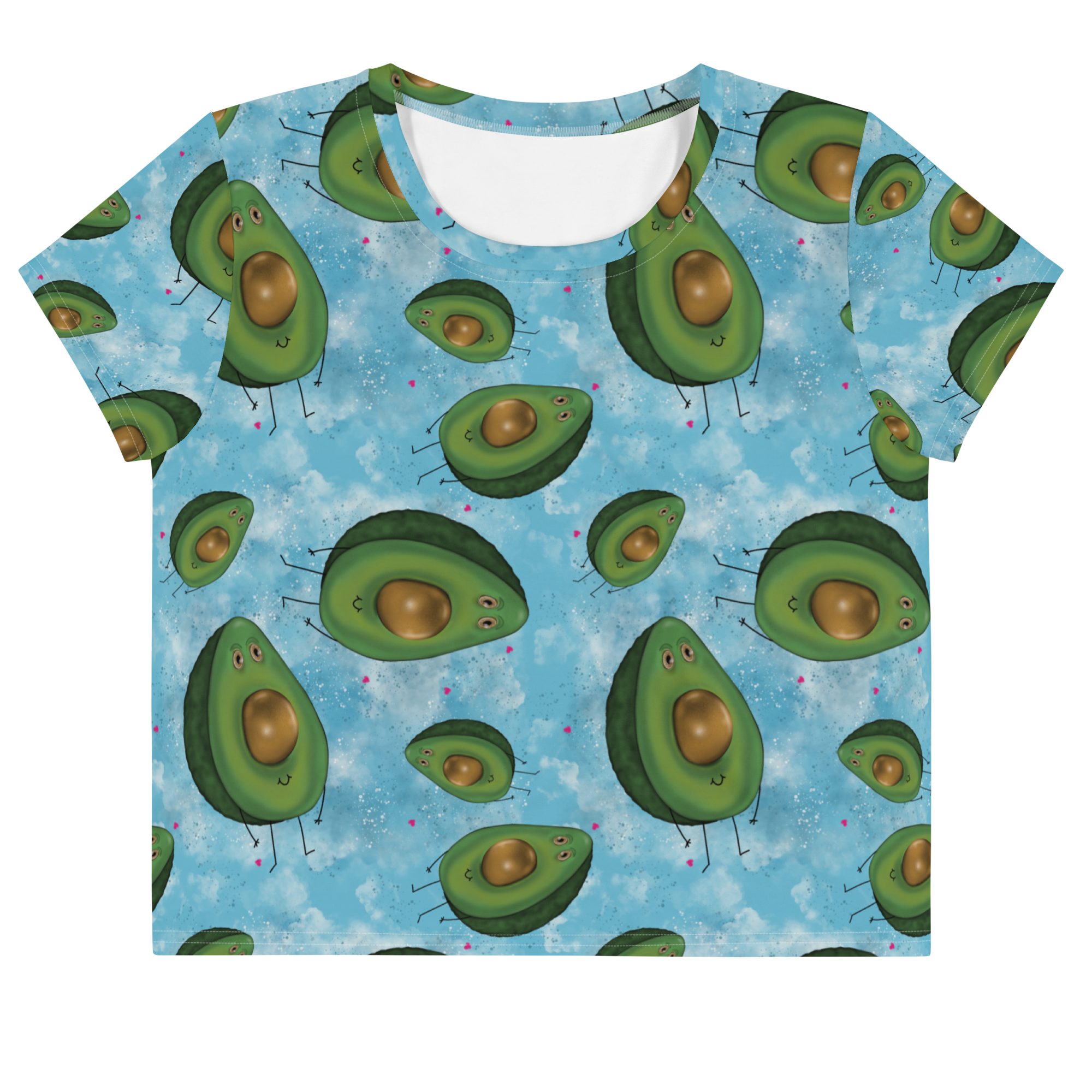 funny avocado crop top.happy avocado cloud heart women's crop top.Fun avocado pattern.cute, fun avocado pattern crop top.floating clouds and hearts whimsy avocado pattern t-shirt.