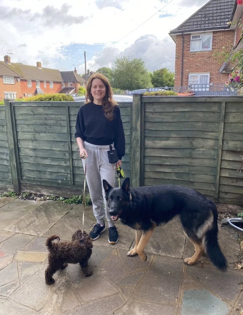 Person standing outside with a German Shepherd and a small fluffy dog on leashes, near a wooden fence and brick houses.