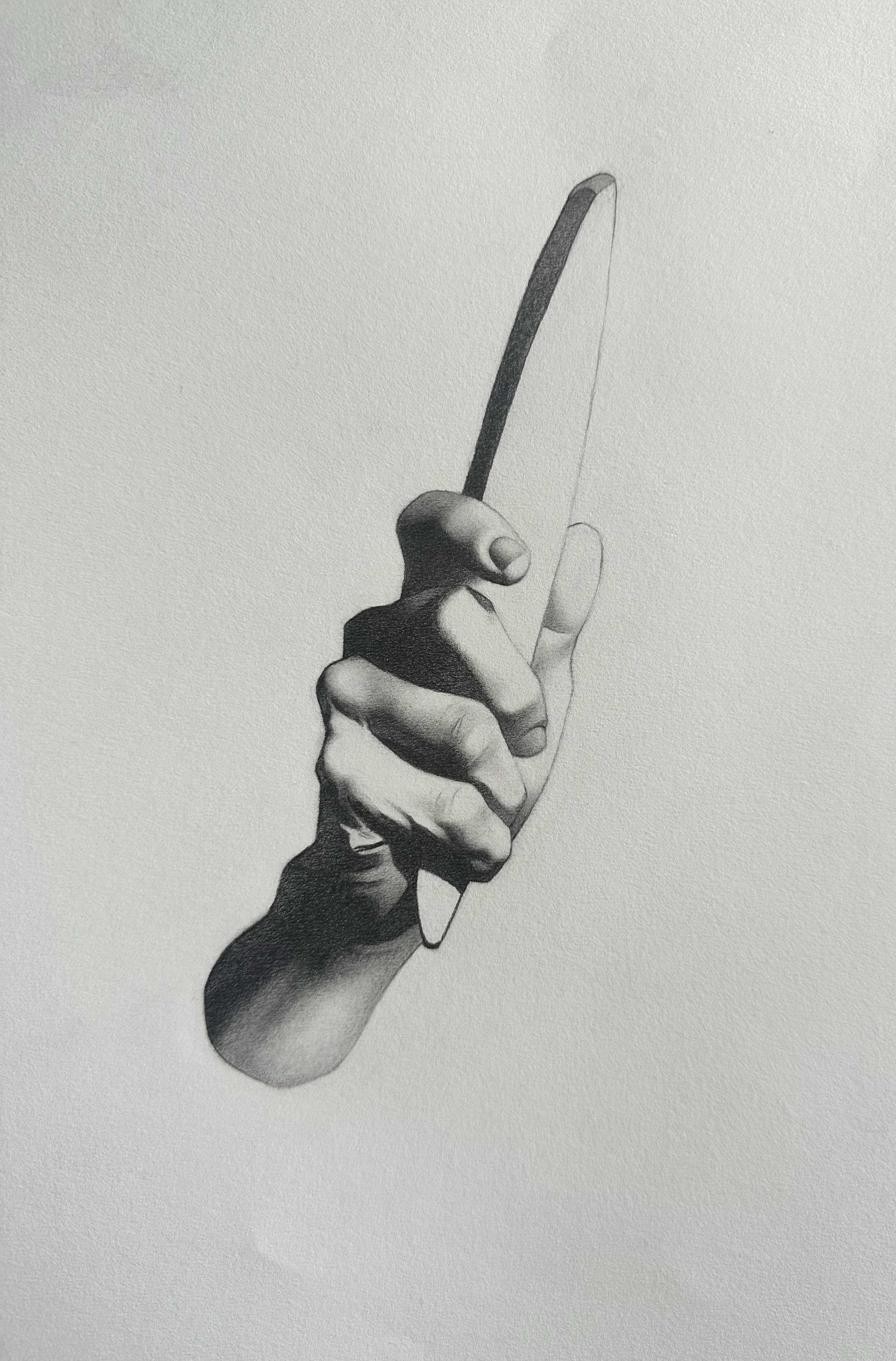 A realistic black and white drawing of a human hand holding a stone blade. It is a master copy after Charles Bargue. 