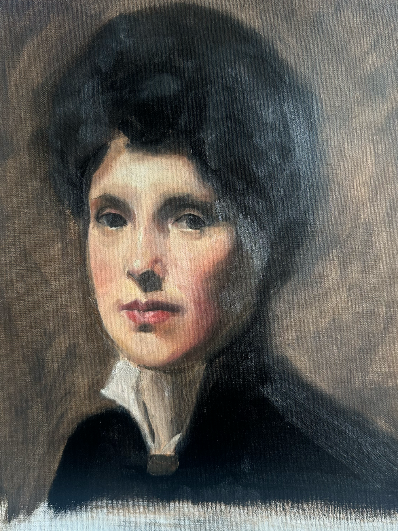A portrait of a woman with dark hair styled high, wearing a black top and white collar, painted in a realistic style with soft lighting and smooth brushstrokes. It is a master copy oil painting. 