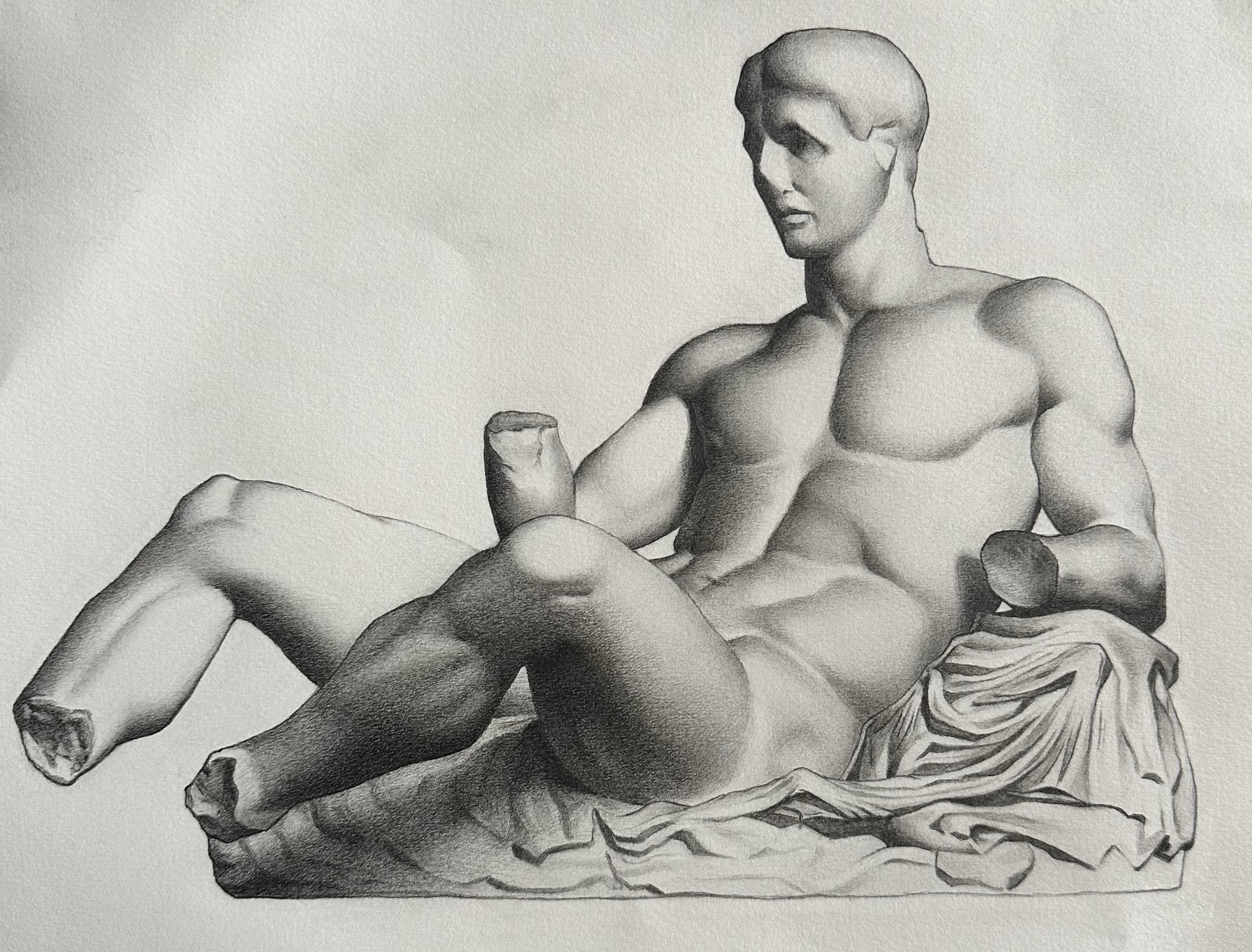 Black and white drawing of a muscular person in a martial arts pose, one fist extended forward and the other pulled back, wearing a traditional martial arts uniform. It is a master copy after Charles Bargue. 