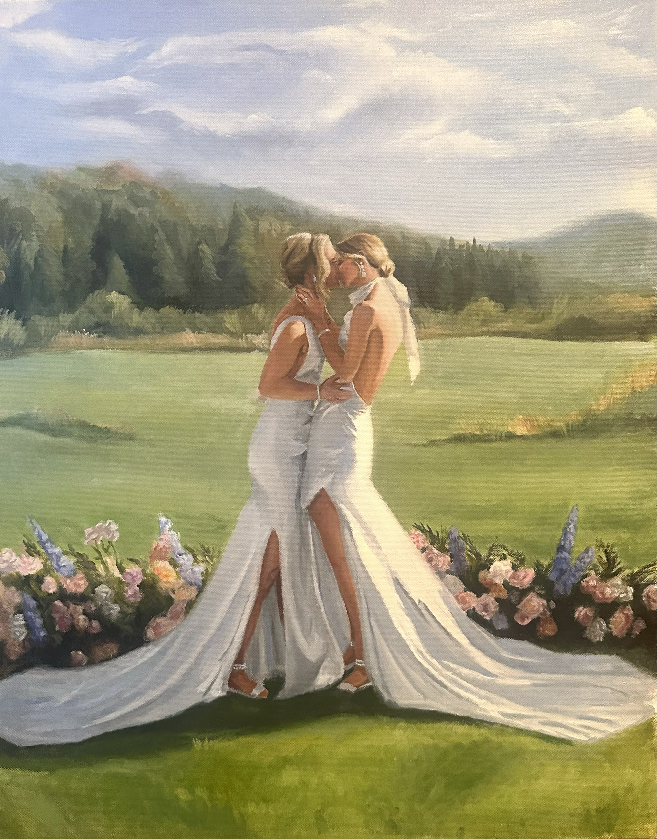 Painting of two women in white dresses embracing outdoors with mountains and trees in the background, flowers in the foreground, and a cloudy sky.