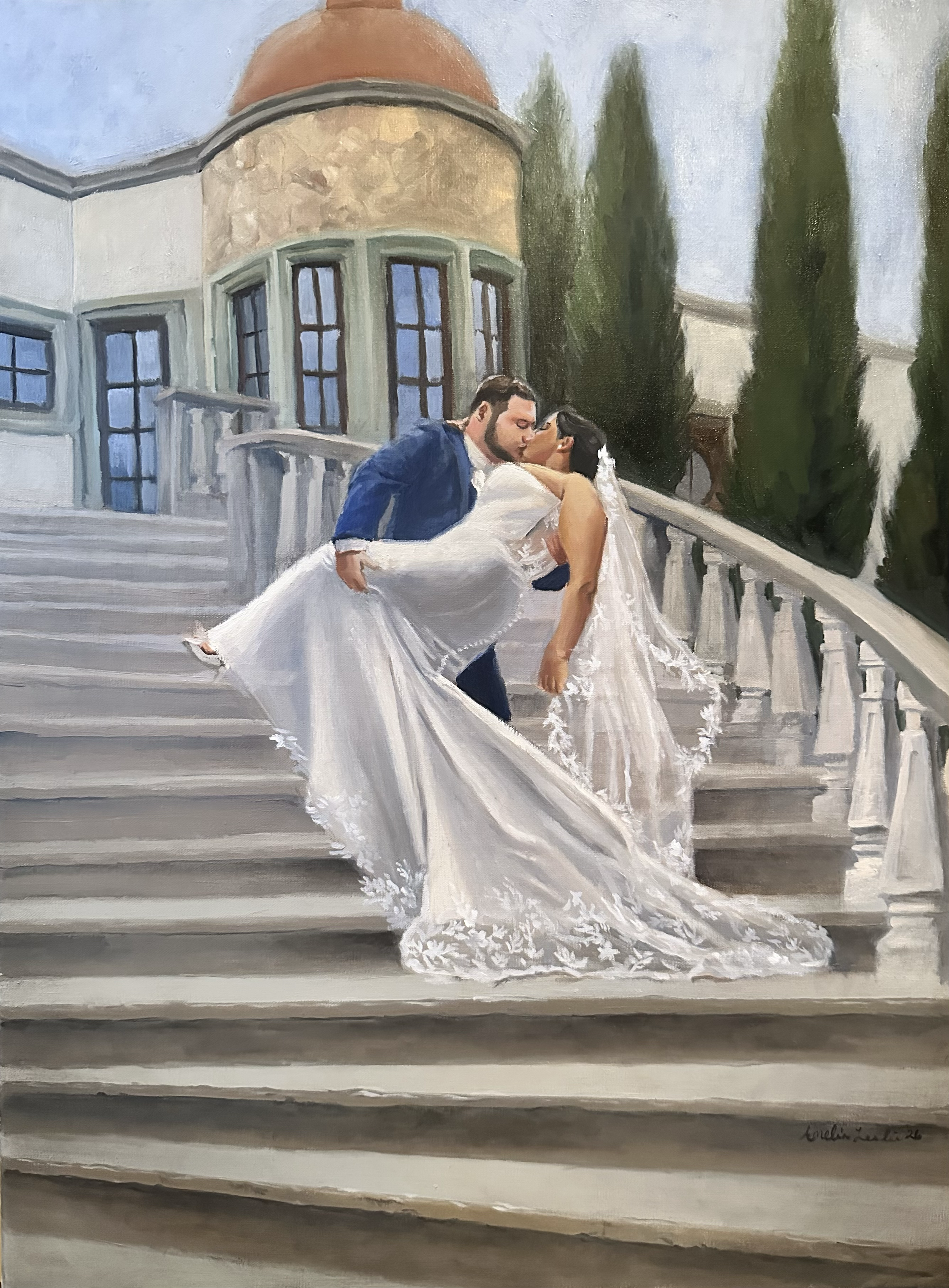 A painting of a man in a blue suit and a woman in a white wedding dress sharing a kiss on an outdoor staircase with a large building featuring arched windows and a dome in the background, along with tall green cypress trees.