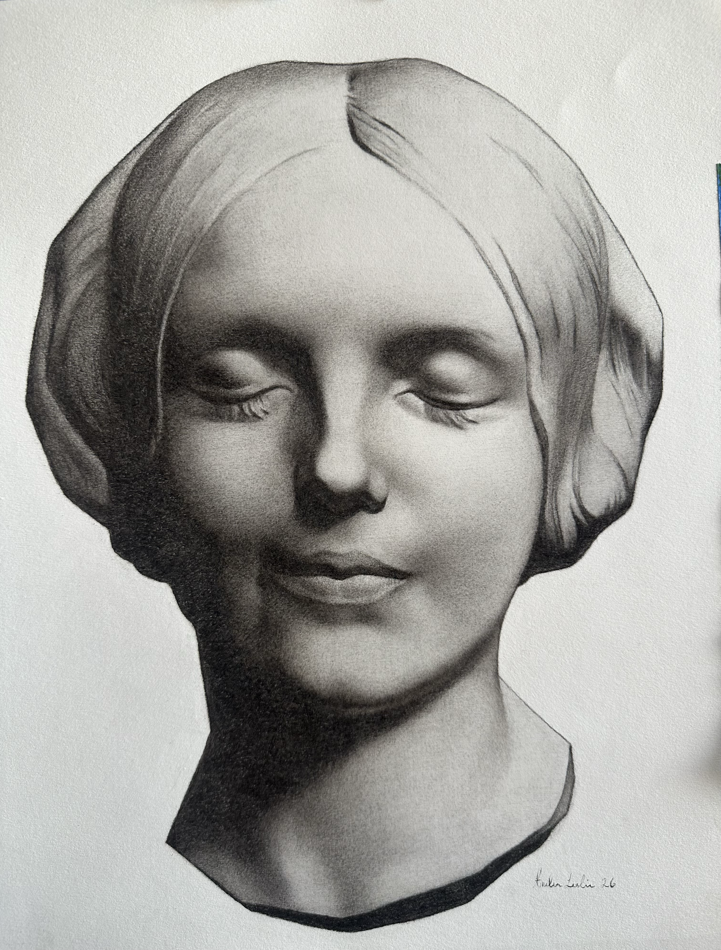 A black and white portrait sketch of a woman with closed eyes, styled hair, and smooth facial features. The artist's signature and date are in the lower right corner. It is a master copy after Charles Bargue.