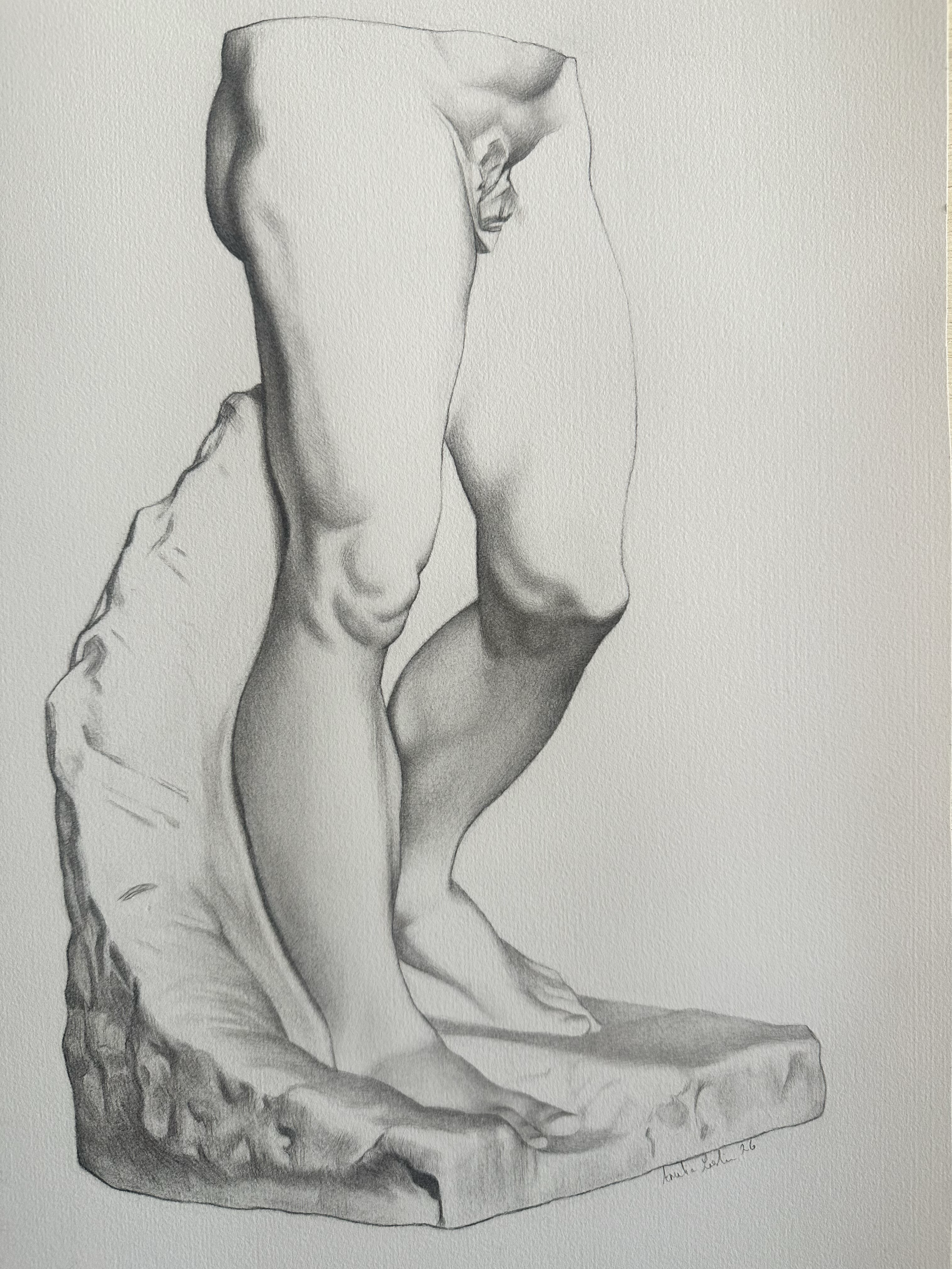 Grayscale charcoal drawing of a human figure emerging from a rock, with the head and limbs partially visible, signed by the artist. It is a Bargue master copy.