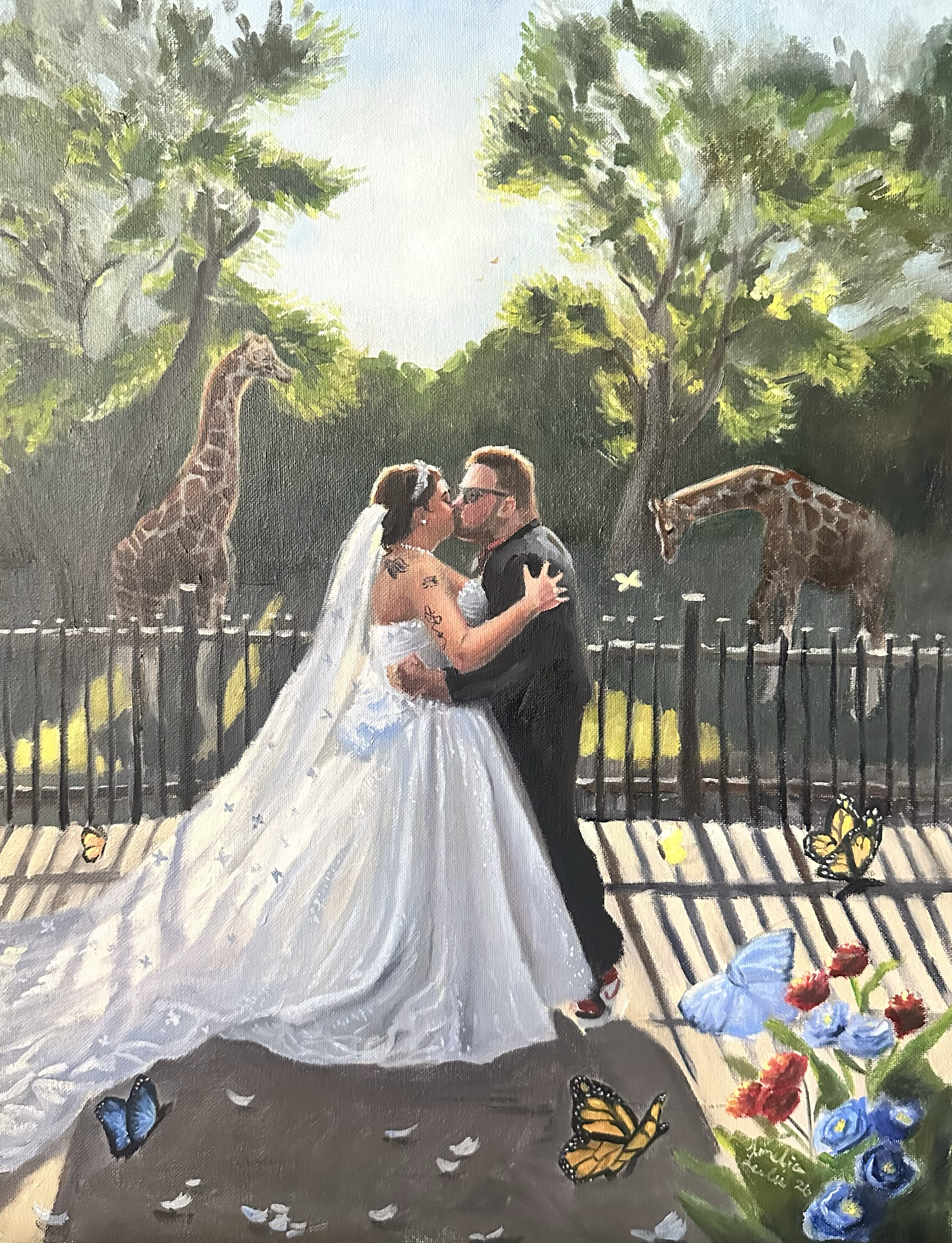A wedding scene with a bride and groom kissing outdoors, surrounded by butterflies, flowers, and lush trees. It is a wedding painting done at the zoo. There are giraffes in the background. 
