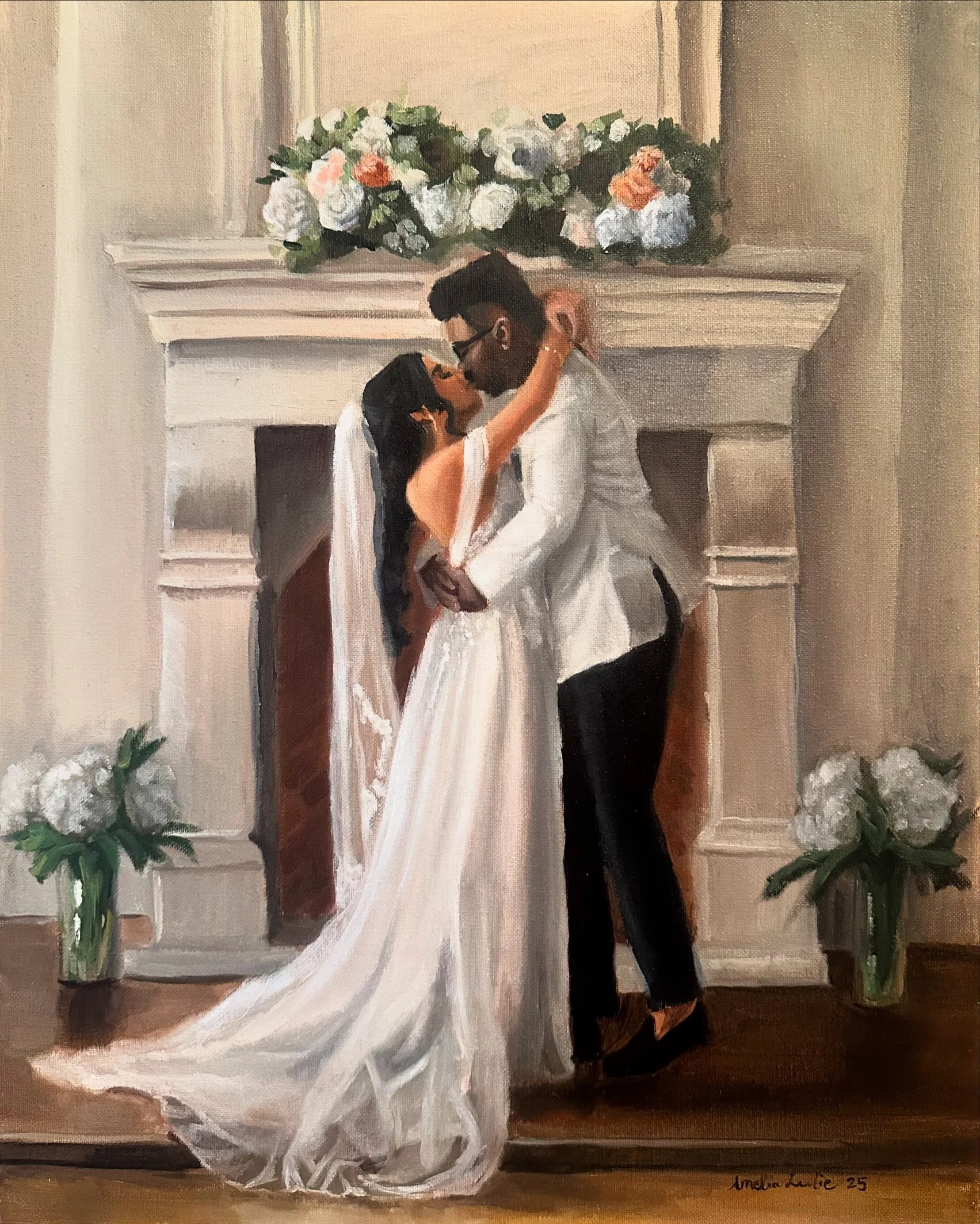 A painting of a romantic couple in formal wedding attire sharing a kiss in front of a fireplace decorated with a floral arrangement, with a green potted plant on the floor and the artist’s signature and date in the bottom right corner.