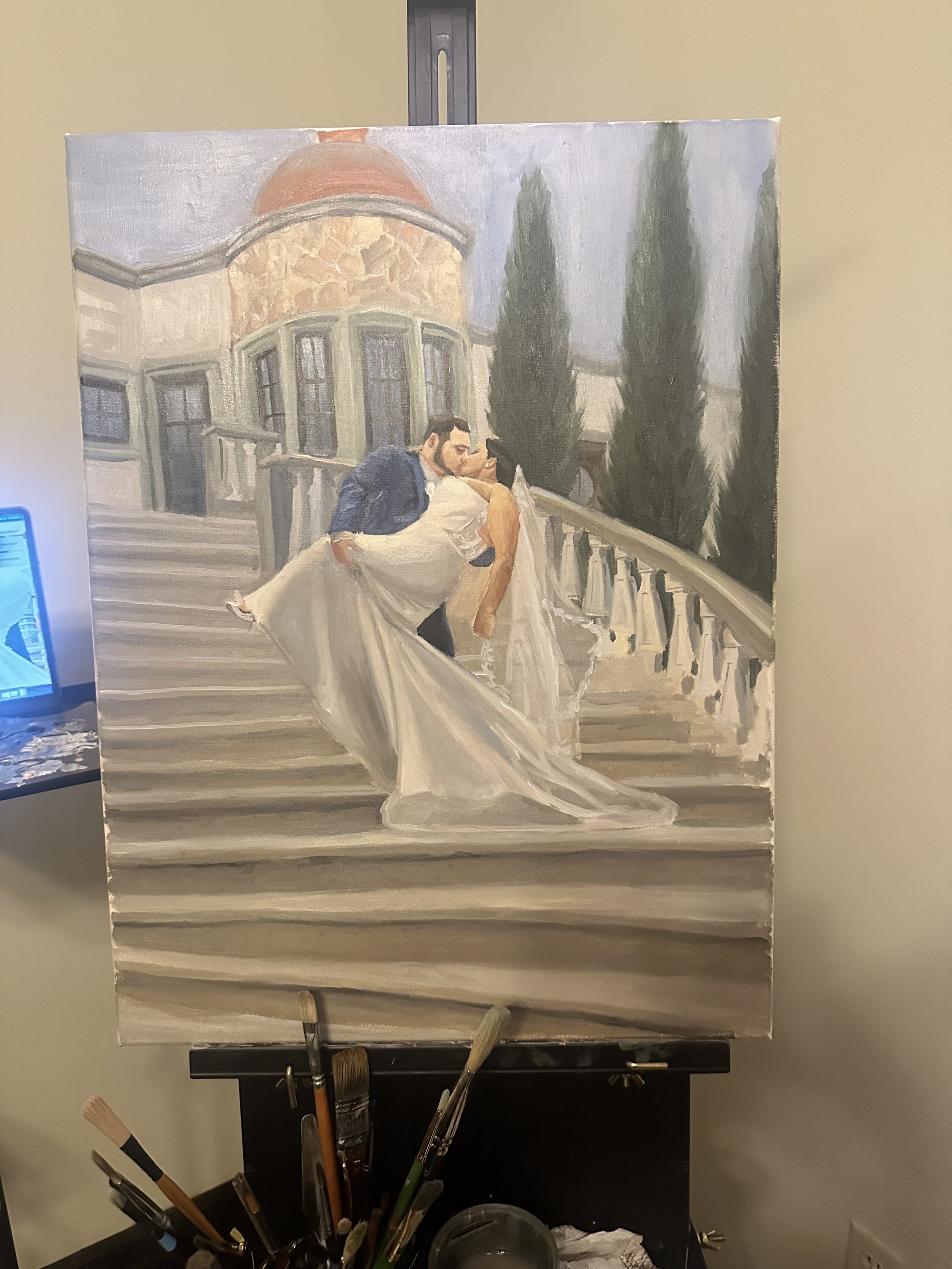 This is a realistic unfinished live wedding painting featuring a couple kissing on a Tuscan-style grand staircase.