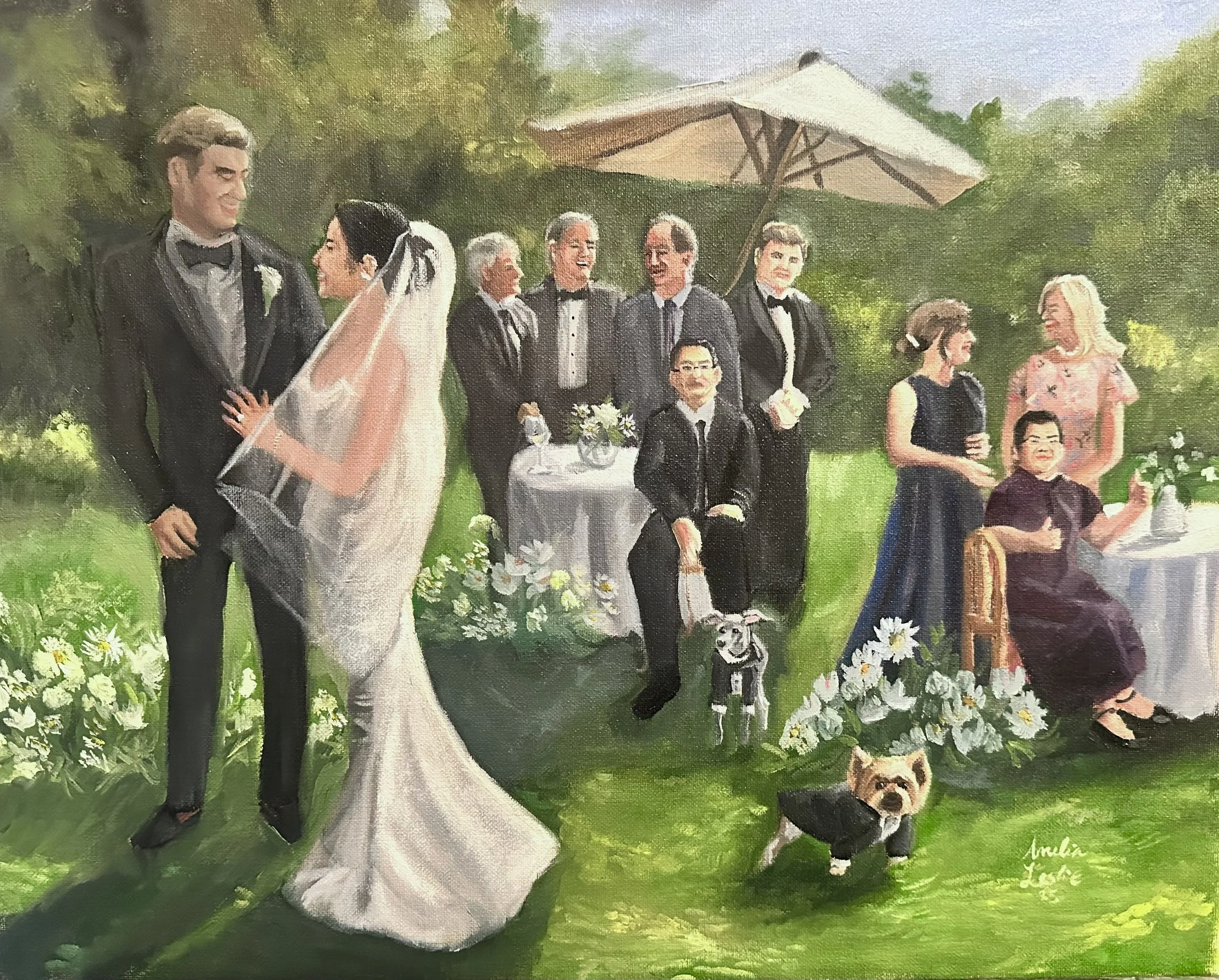 Painting of a wedding scene outdoors with a groom and bride standing together, surrounded by wedding guests, some in formal attire, with 2 dogs sitting on the grass.