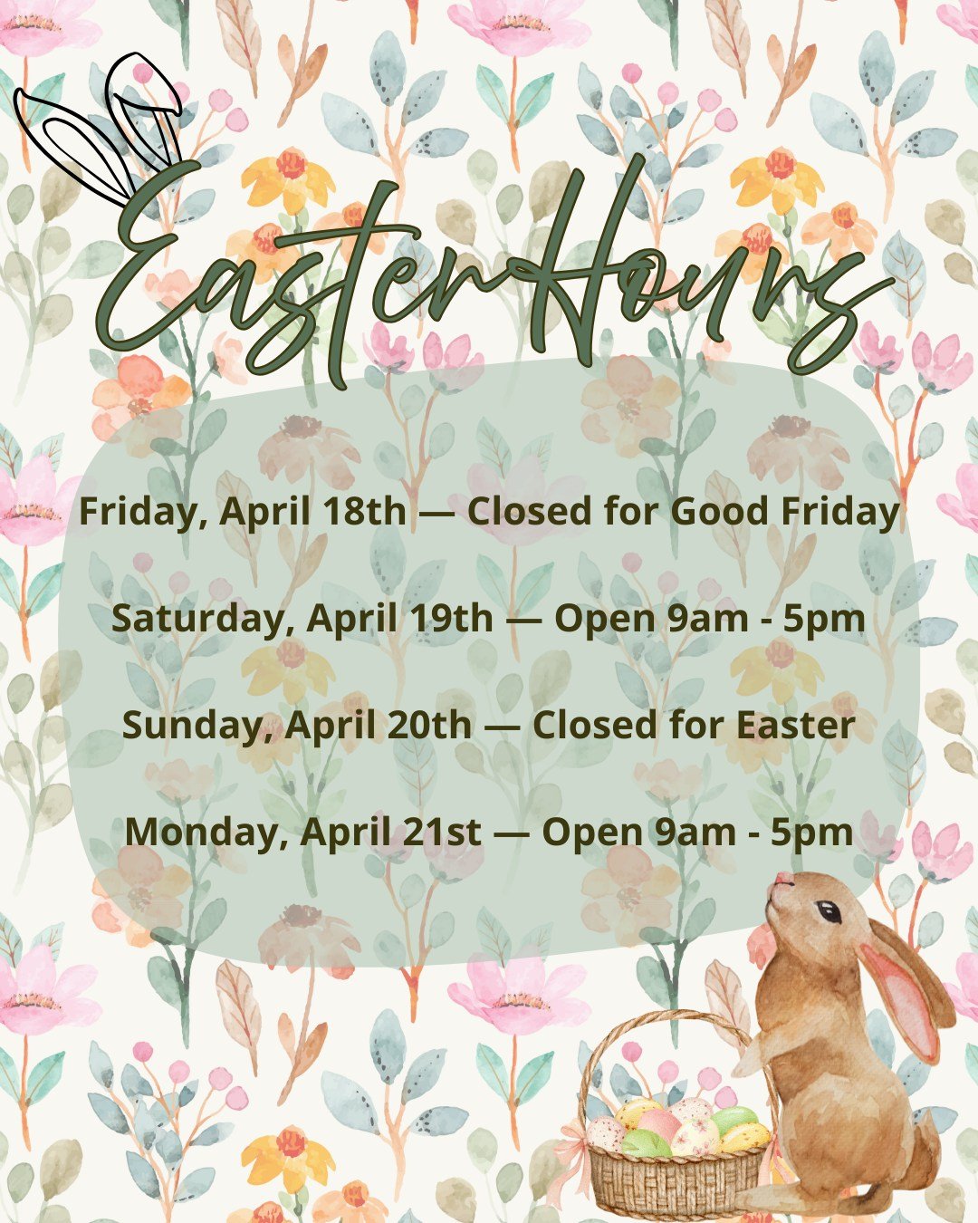 We're closed Friday and Sunday for the Easter weekend! π°π£
