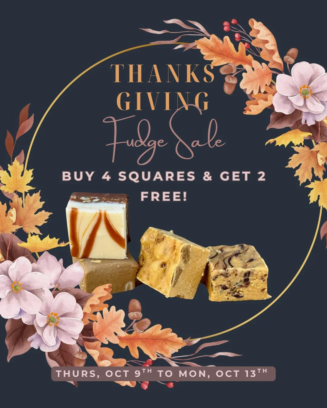 Drop by this weekend to try our new autumn fudge flavours! Pumpkin Gingersnap, Pumpkin Toffee, Hazelnut Coffee, and Twisted Praline are the perfect bite of autumn 🎃

We're open all weekend for Thanksgiving! 🦃
Saturday: 9am - 5pm
Sunday: 10am - 5pm
