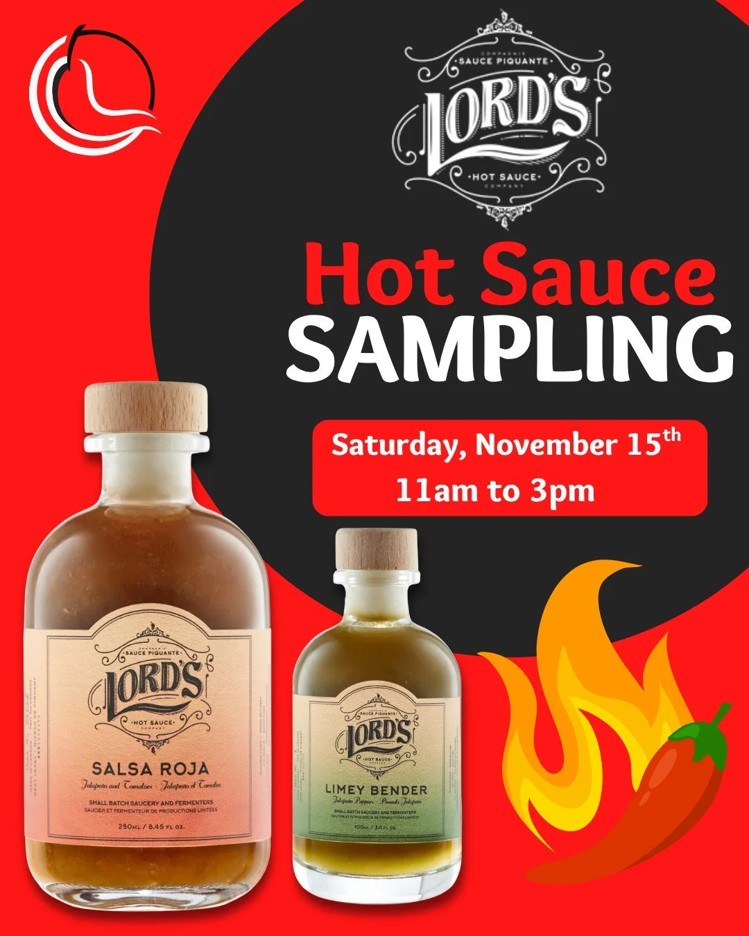 Join us this Saturday, November 15th, for a hot sauce sampling with @lordshotsauceco! With a variety of heat intensities from mild to spicy, there's a sauce for everyone 🌶️🔥