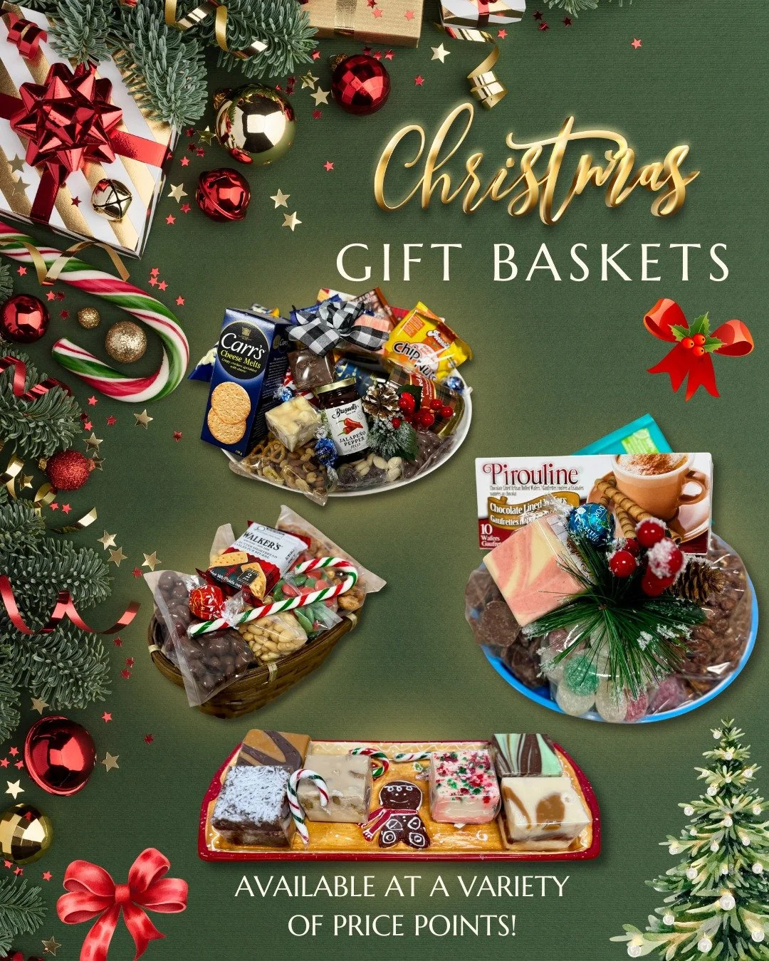 Looking for the perfect last minute gift? Our specialty gift baskets are available at a variety of different price points and include a delectable selection of treats and nuts for everyone to enjoy!

Interested in a custom gift basket? Head over to o