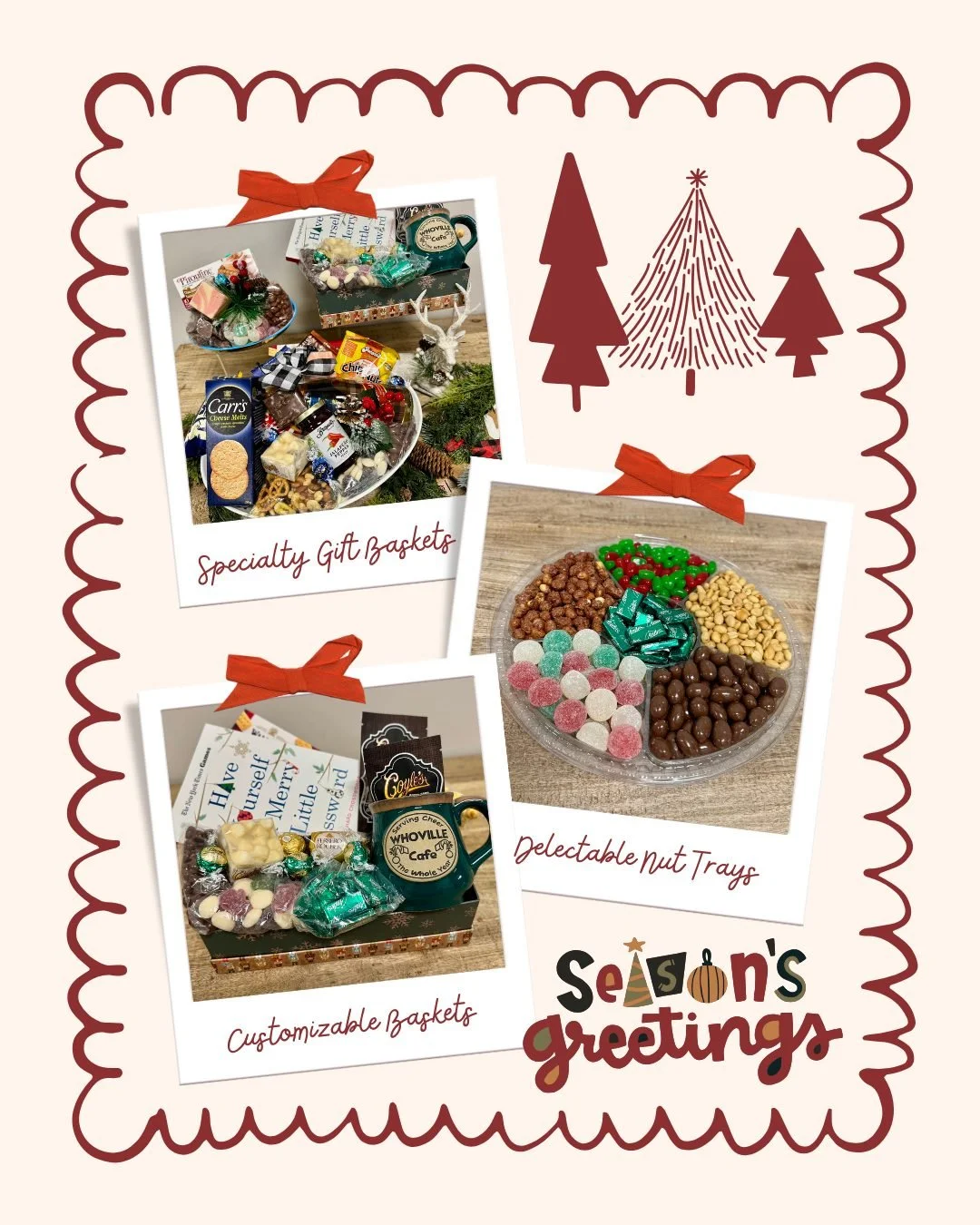 The perfect holiday party host gift, our specialty gift baskets are made on site with delicious Coyle's roasted nuts, and an assortment of delightful treats 🍬🎄

Interested in ordering a custom gift basket? Head over to our website to fill out an or