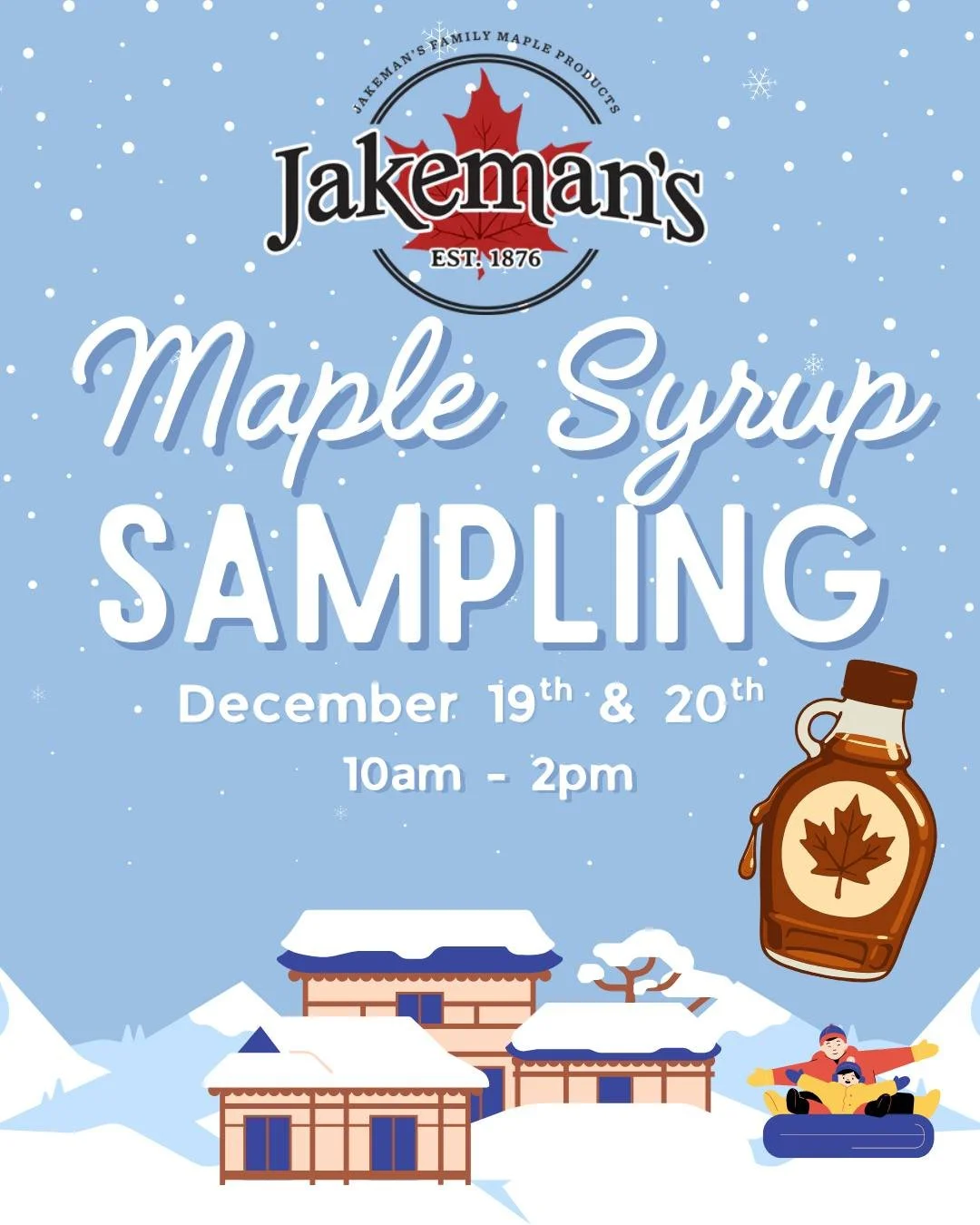 Join us on Friday, December 19th and Sunday, December 20th from 10am to 2pm for a maple syrup tasting with @jakemansmapleproducts! 🍁

Family-owned and located locally in Beachville, Ontario, they work with over 200 local farms to provide the freshes