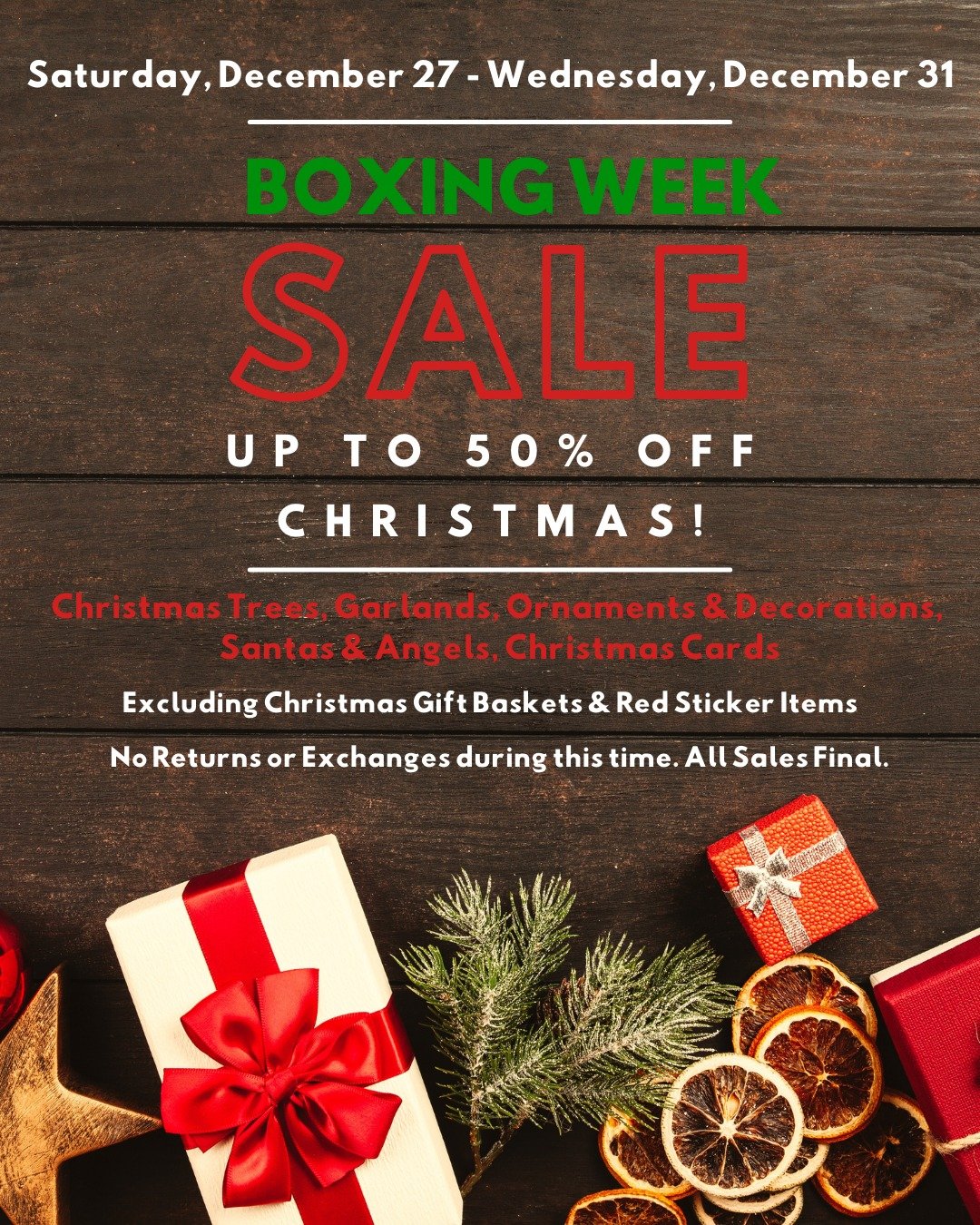 Our Boxing Week sale starts this Saturday! 

Save up to 50% off Christmas, including trees, garlands, ornaments, decorations, Santas, angels, Christmas cards, and more!