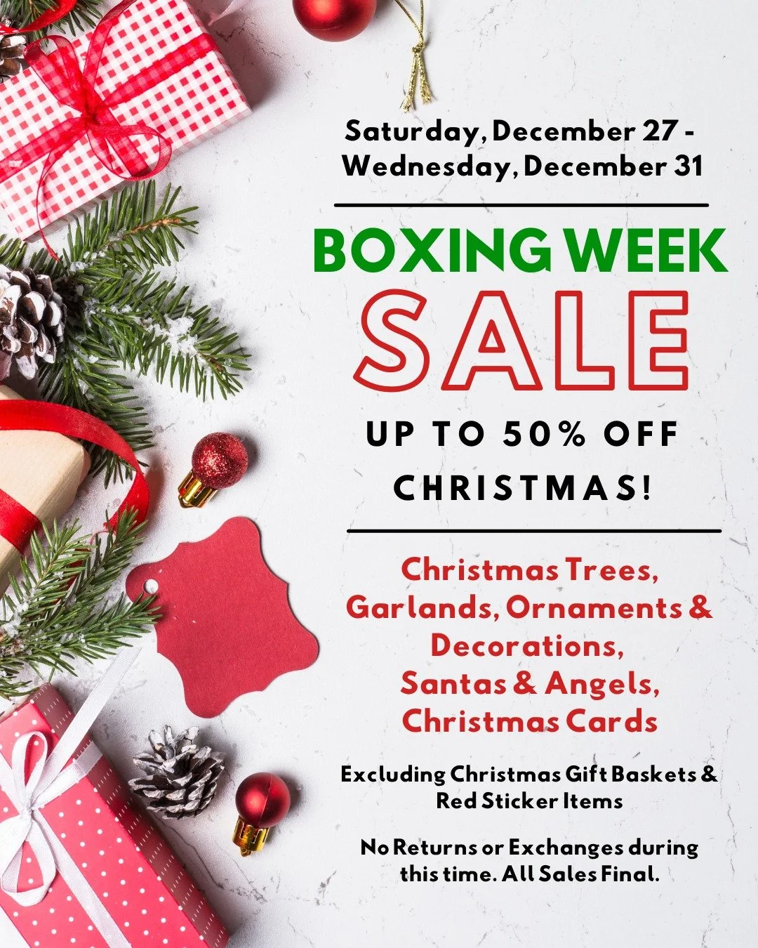 Our Boxing Week sale starts now and runs until Wednesday, December 31st! 🎁

Save up to 50% off on Christmas giftware, including trees, garlands, ornaments, decorations, Santas, angels, and Christmas cards!