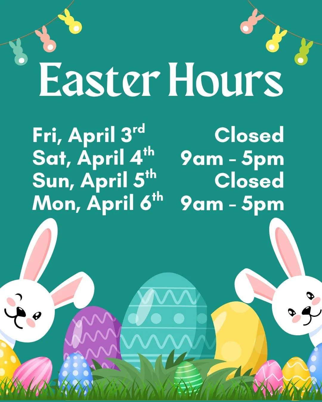 Easter is right around the corner 🐰 We'll be closed for Good Friday and Easter Sunday this weekend. Have a happy Easter! 🐣