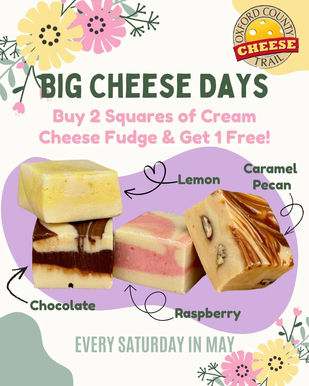 Meet our Cream Cheese Fudge for Big Cheese Days! We have a deliciously tangy Lemon, a fruity Raspberry, a rich Chocolate, and a sweet and salty Caramel Pecan 😋

Every Saturday in May, buy 2 squares of cream cheese fudge and get 1 free! And check out