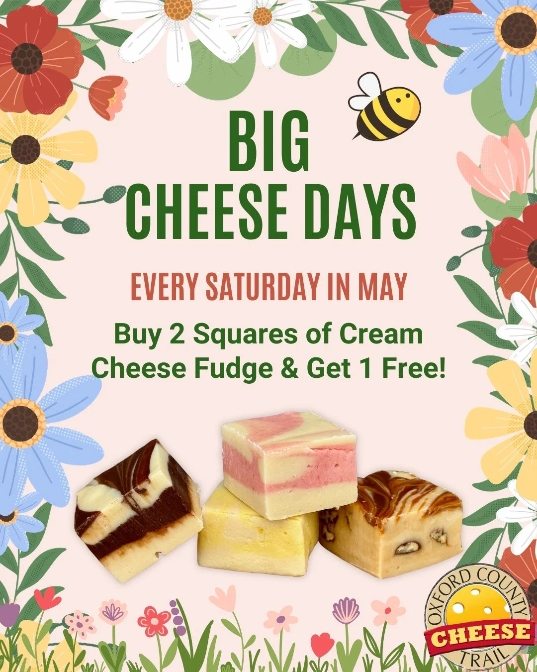Join us every Saturday in May for Big Cheese Days! Buy 2 squares of cream cheese fudge and get 1 free! Eligible fudge includes our lemon, caramel pecan, chocolate, and raspberry cream cheese fudge 😋

Enjoy the nice weather this weekend with plenty o