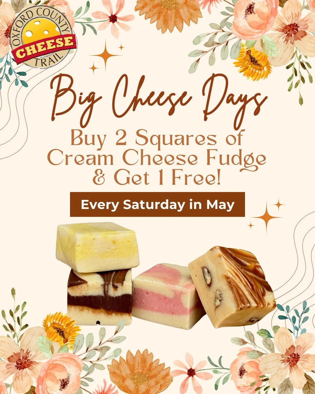With only two Saturdays left in May, you don't want to miss out on all the delicious stops on the Cheese Trail! 🧀

📣Buy 2 squares of cream cheese fudge and get 1 free every Saturday in May! Mix and match with our lemon, caramel pecan, chocolate, an
