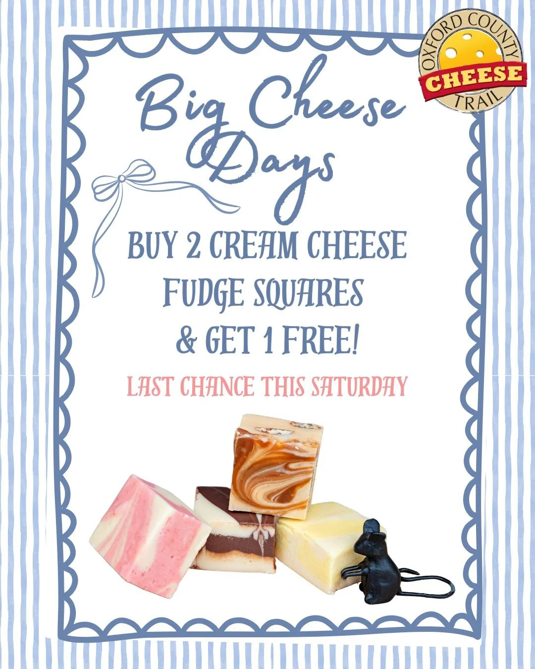 This Saturday is your last chance for Big Cheese Days! Don't miss out on our buy 2 cream cheese fudge squares and get 1 free deal 📣

Enjoy the sunny weather this weekend with an adventure to the many delicious stops along the cheese trail ☀

@touris