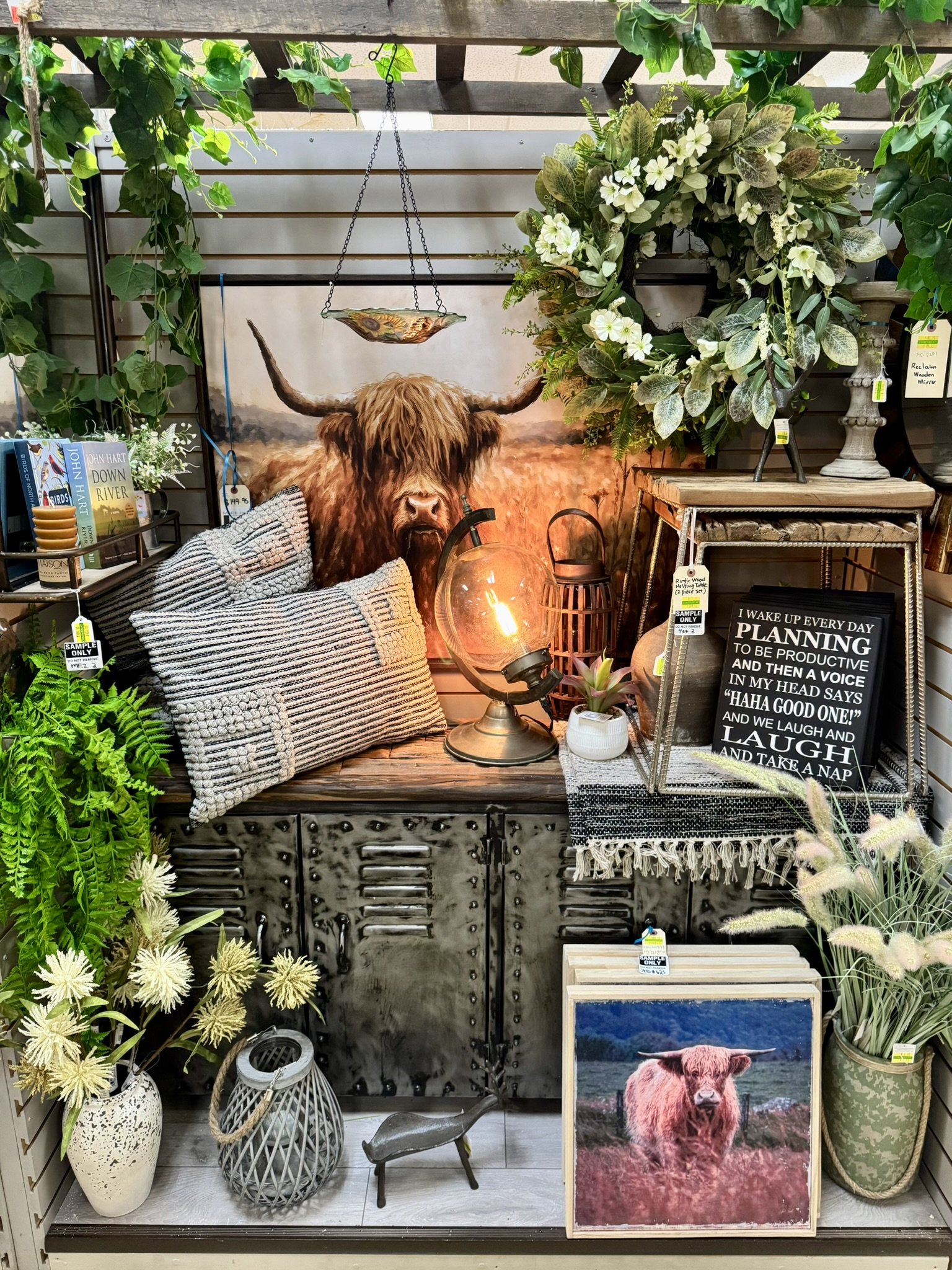 Coyle's giftware with industrial furniture, greenery, and highland cow pictures