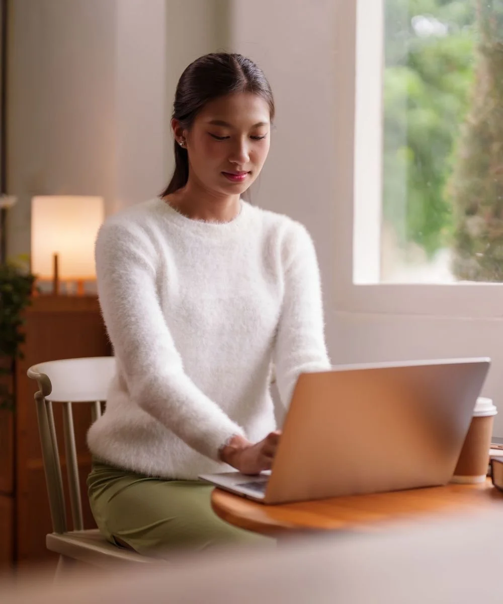 A woman sitting at a wooden table using a laptop, near a large window with a view of greenery outside, in a cozy, well-lit room.