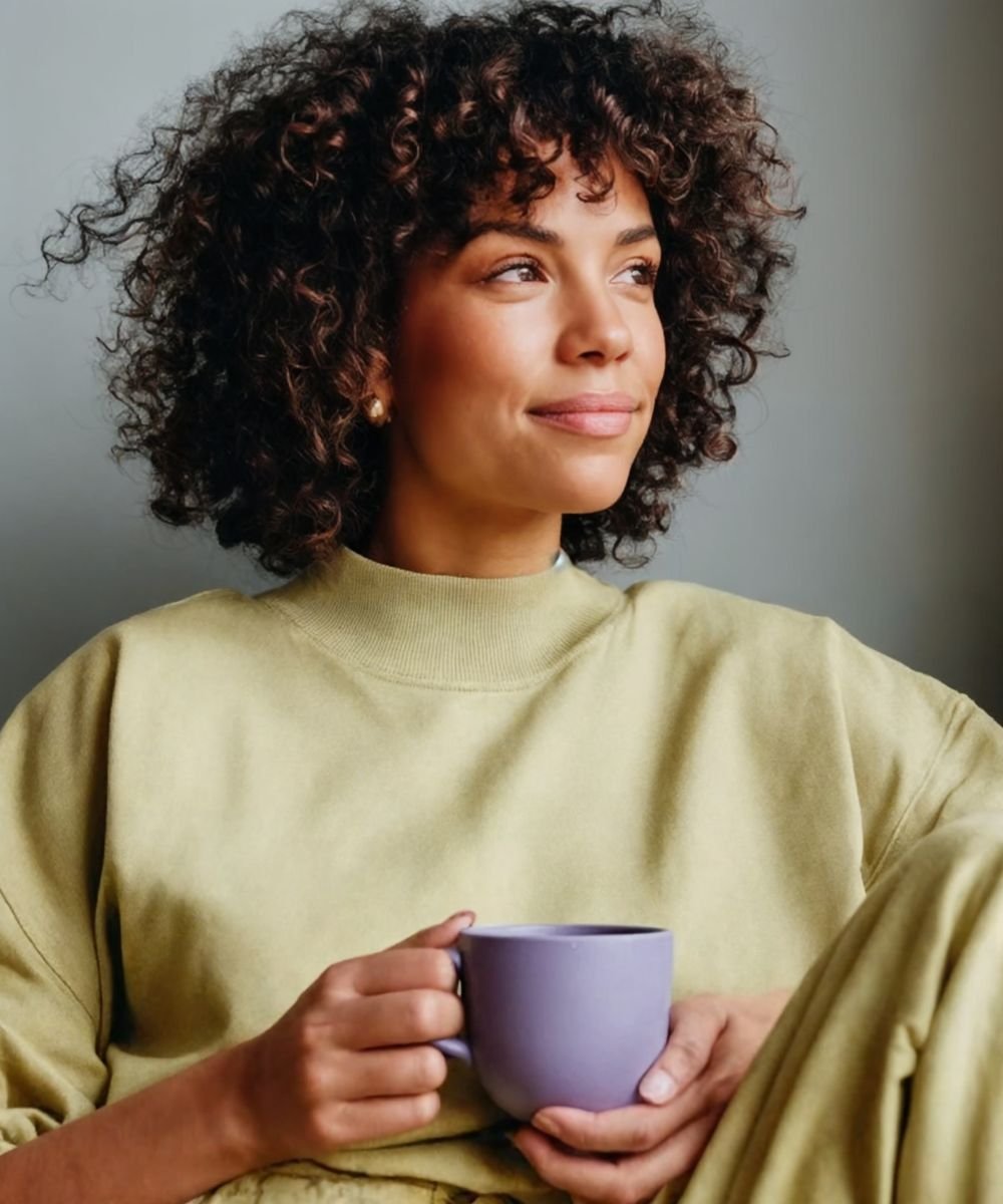 Young woman with curly hair holding a cup of coffee looking out the window