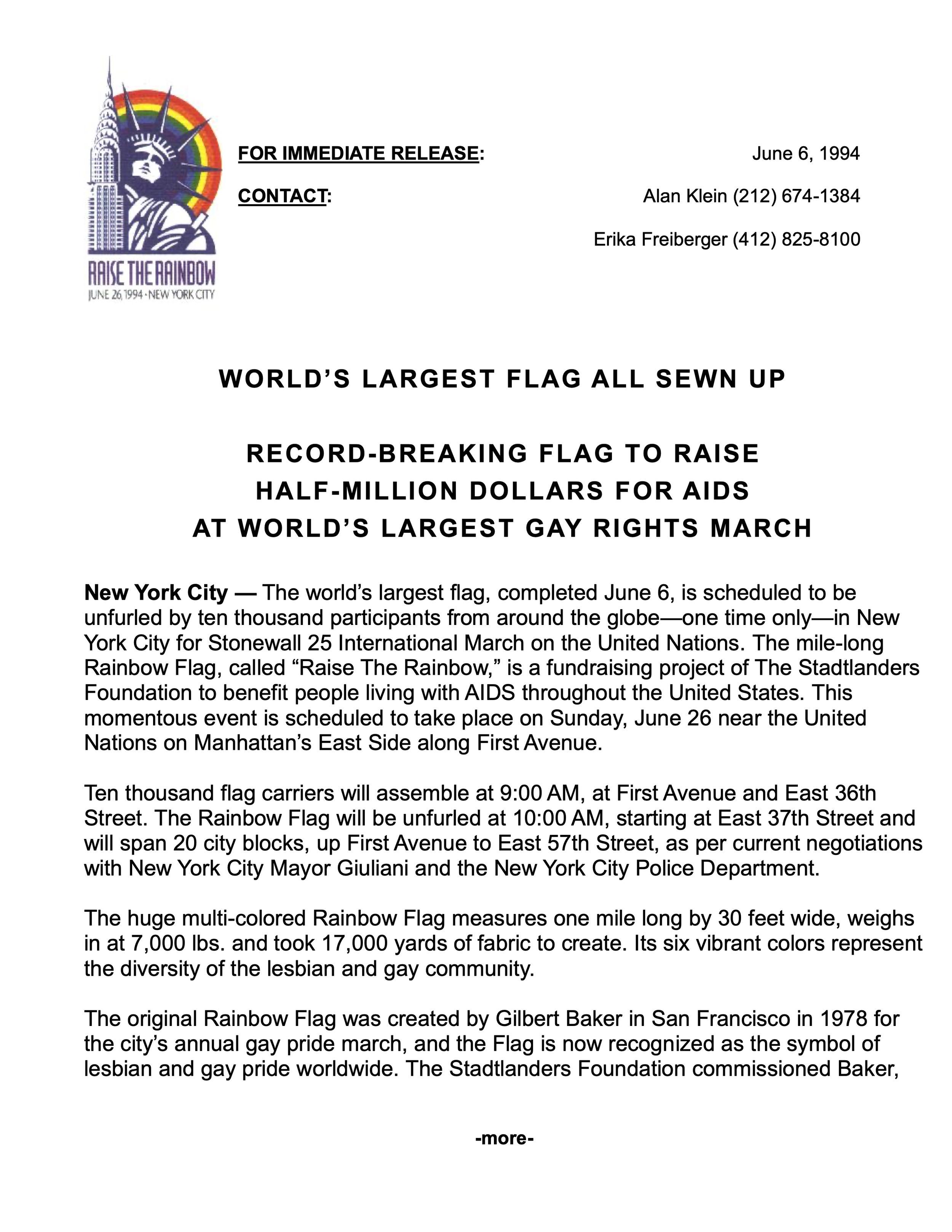 World’s Largest Flag All Sewn Up: Record-Breaking Flag To Raise Half-Million Dollars For AIDS At World’s Largest Gay Rights March