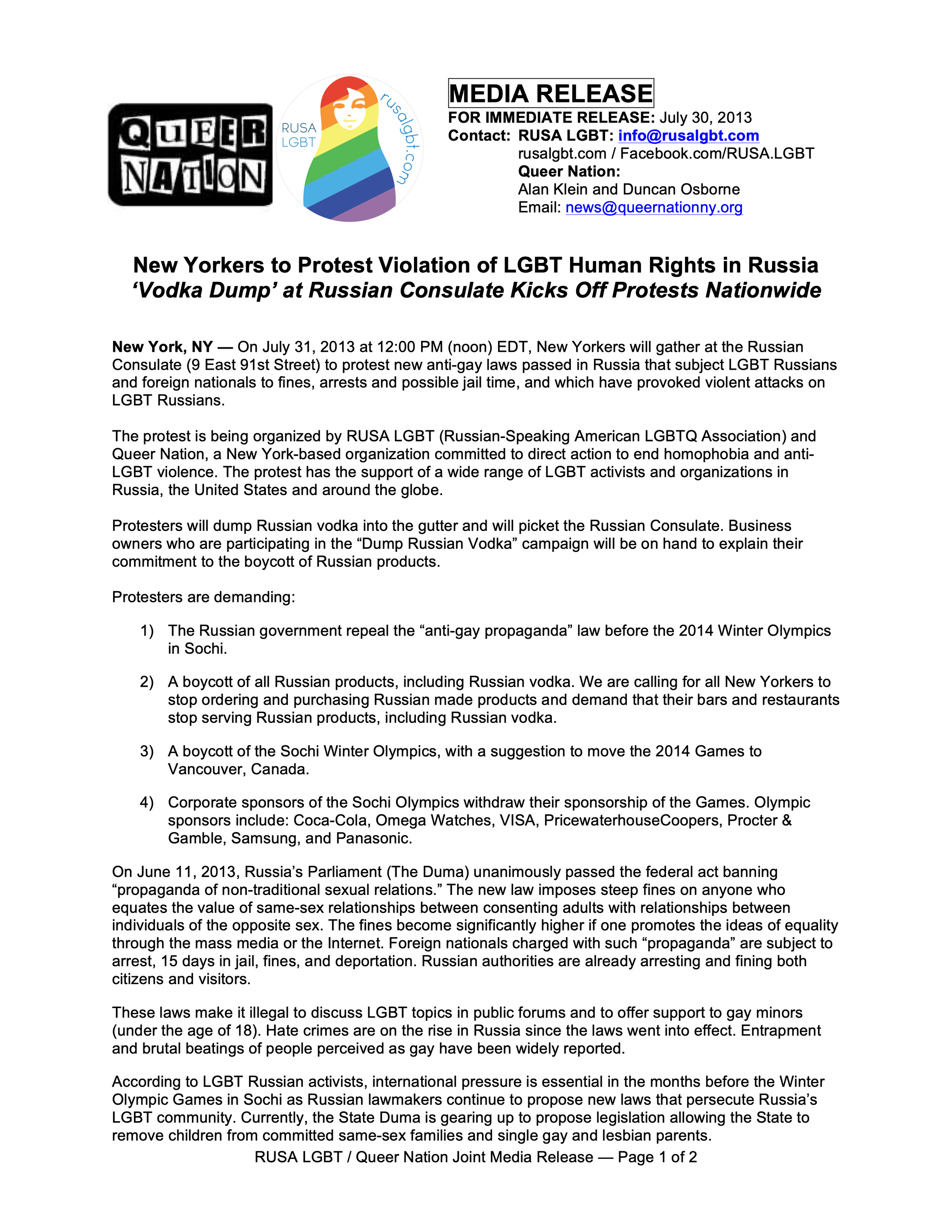 New Yorkers to Protest Violation of LGBT Human Rights in Russia ‘Vodka Dump’ at Russian Consulate Kicks Off Protests Nationwide, page 1