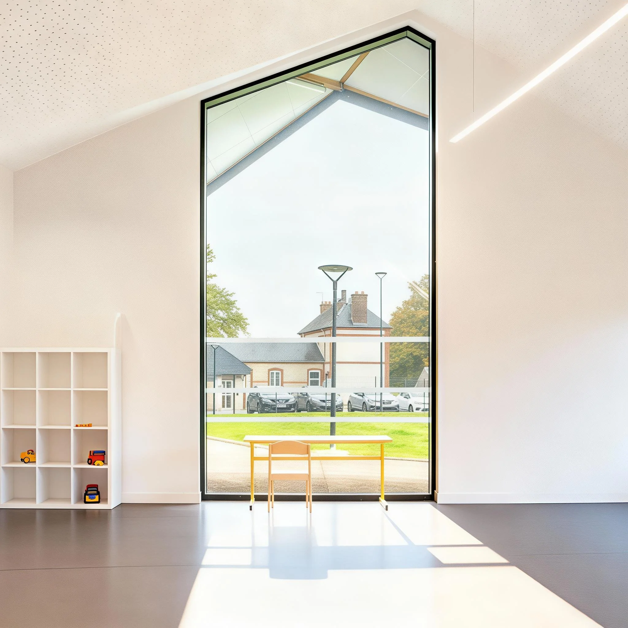 Interior of a room with a large floor-to-ceiling window showing outdoor landscape, including houses, trees, streetlights, and parked cars. There is a small yellow table and chair near the window, and a white shelf with toy vehicles on the left side.