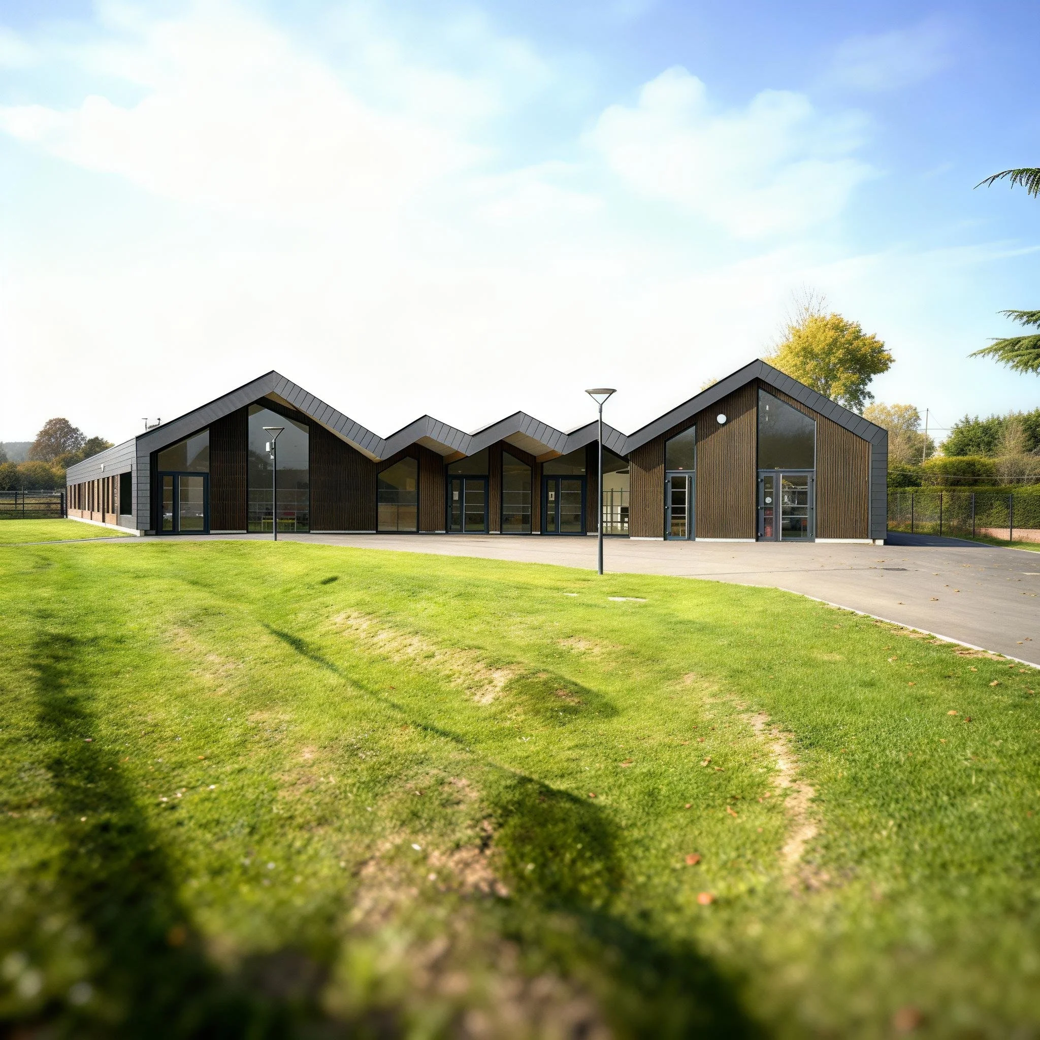 Modern building with zigzag roof, large glass windows, surrounded by green lawn and trees, under a partly cloudy sky.