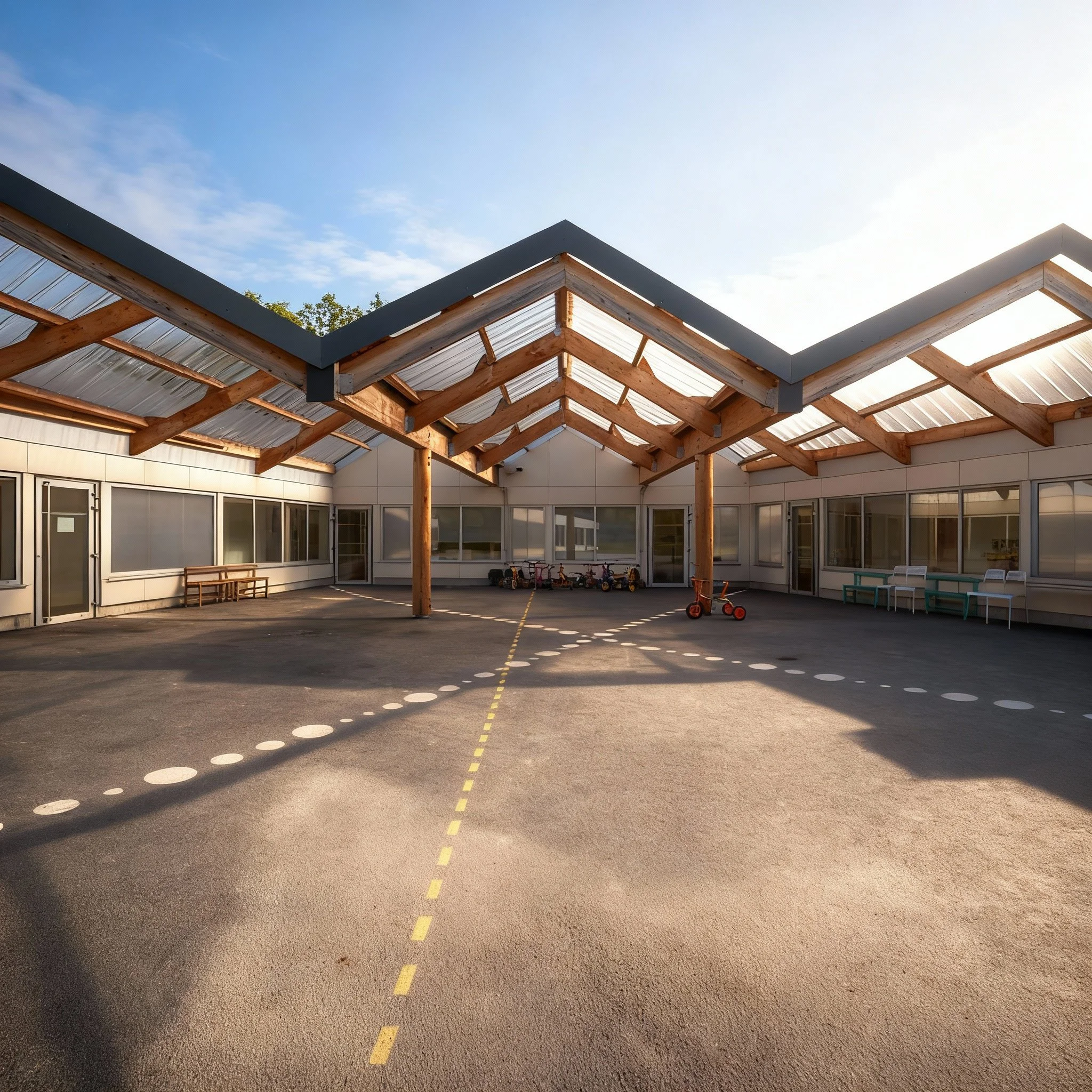 Outdoor playground area with a covered roof, benches, and children's bikes and tricycles, under a partly cloudy sky.