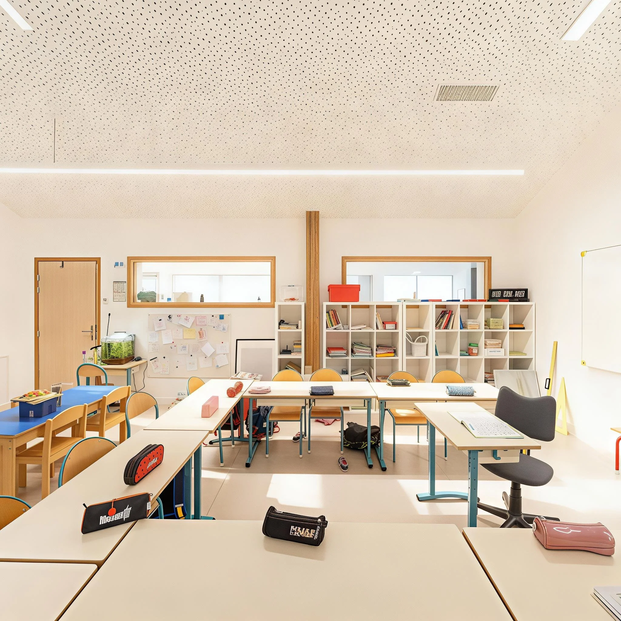 Empty classroom with tables, chairs, bookshelves, whiteboard, and classroom supplies under bright lighting.