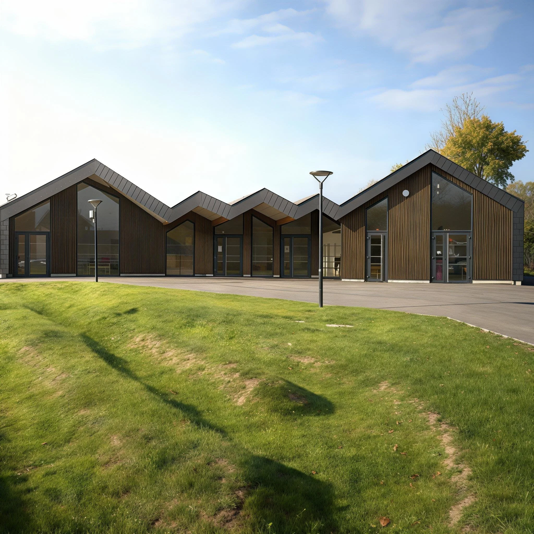 Modern building with a zigzag roofline, large glass windows, and wooden exterior panels, situated on a grassy lawn with lamp posts and a paved driveway, under a partly cloudy sky.