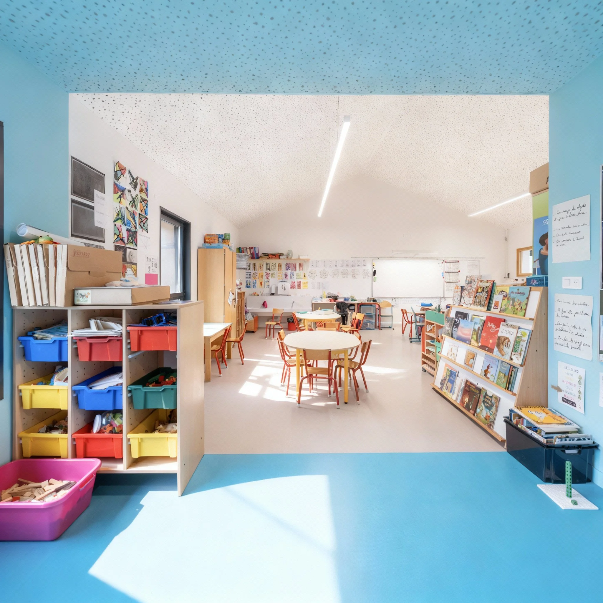A bright classroom with blue walls, colorful shelves filled with books and educational materials, small tables and chairs, and classroom decorations. sunlight streams in through windows.