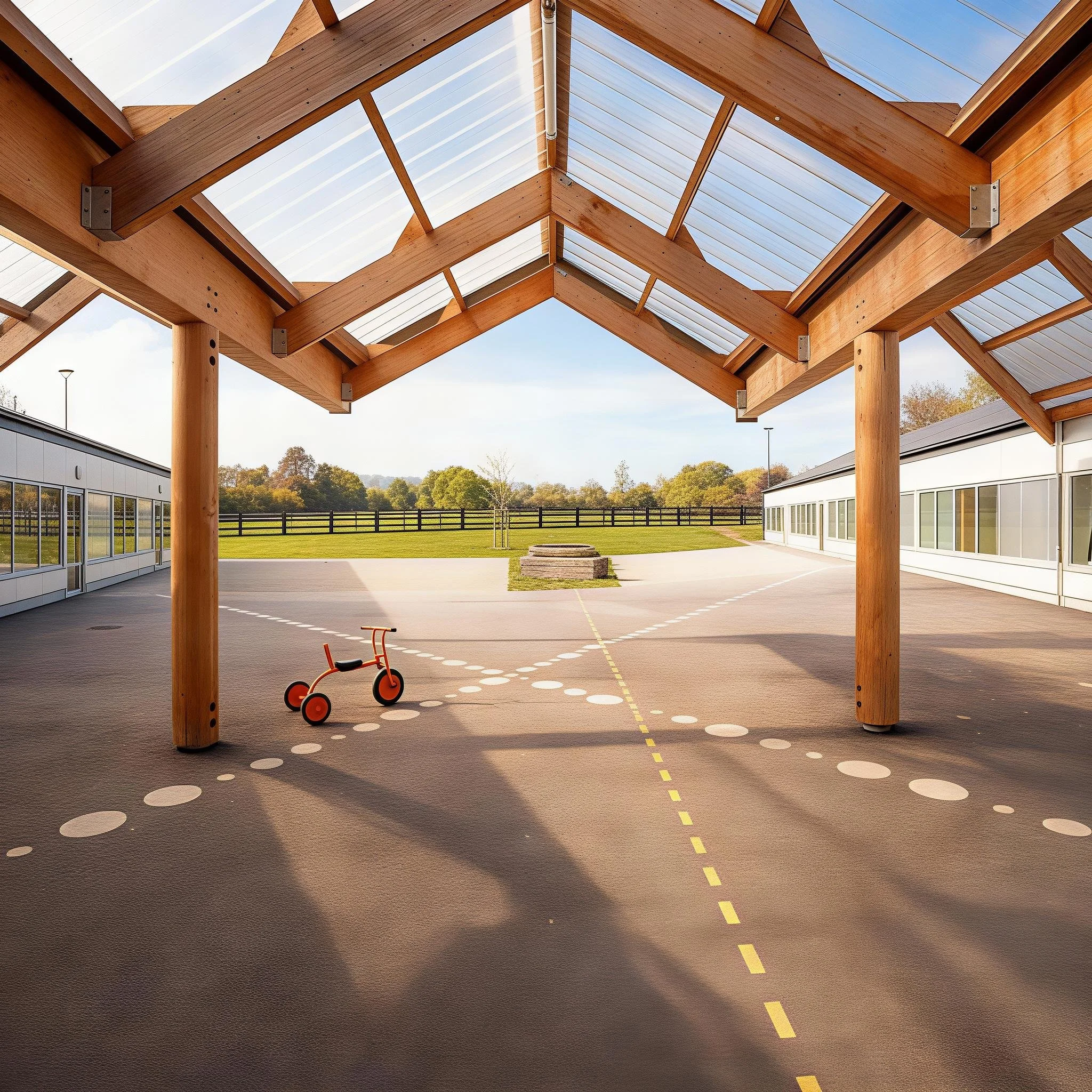 An outdoor basketball court with a wooden roof structure and a small red tricycle. The court is surrounded by grassy fields and trees in the background.