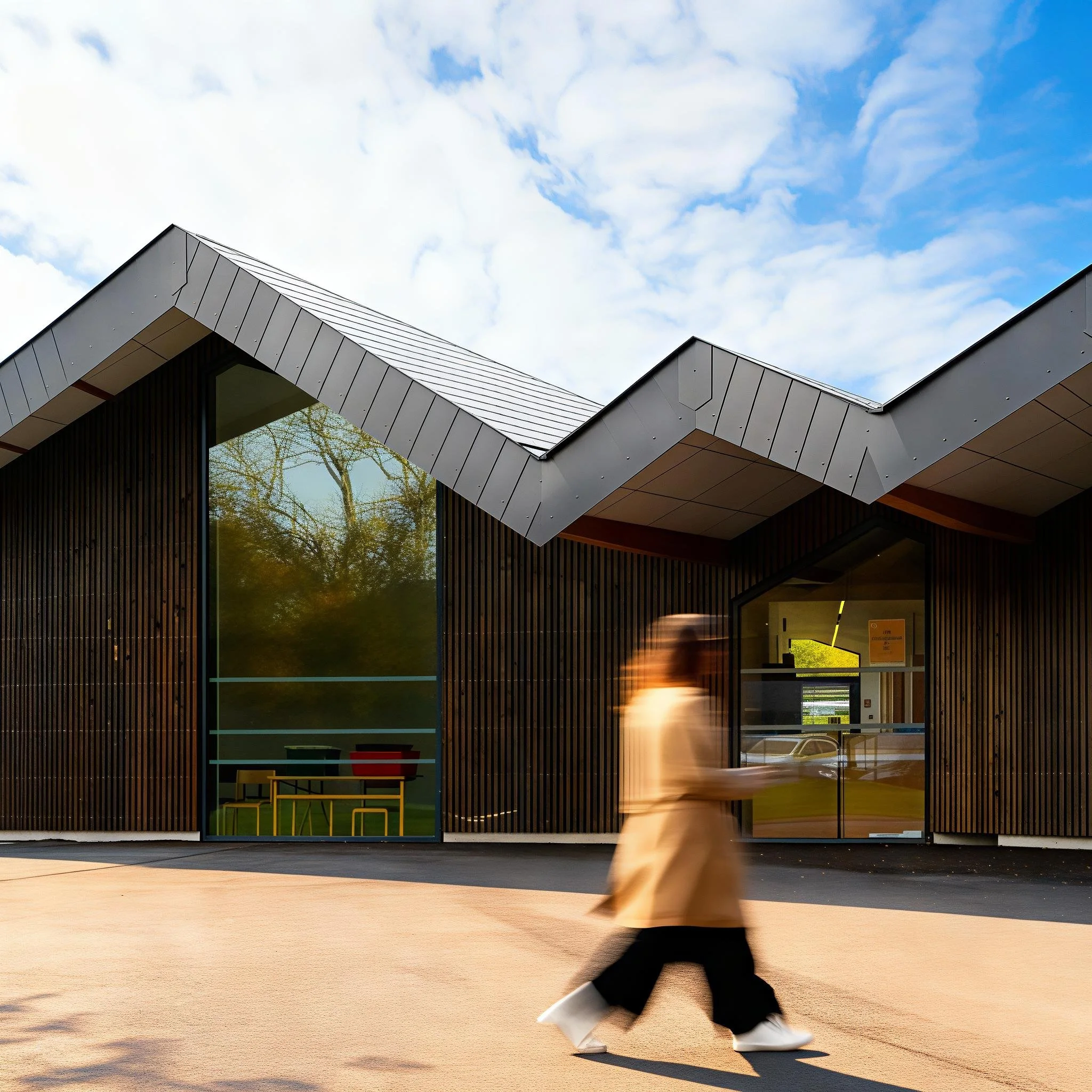 A person in a beige coat and black pants walking past a modern building with wooden paneling and large glass windows, under a partly cloudy sky.