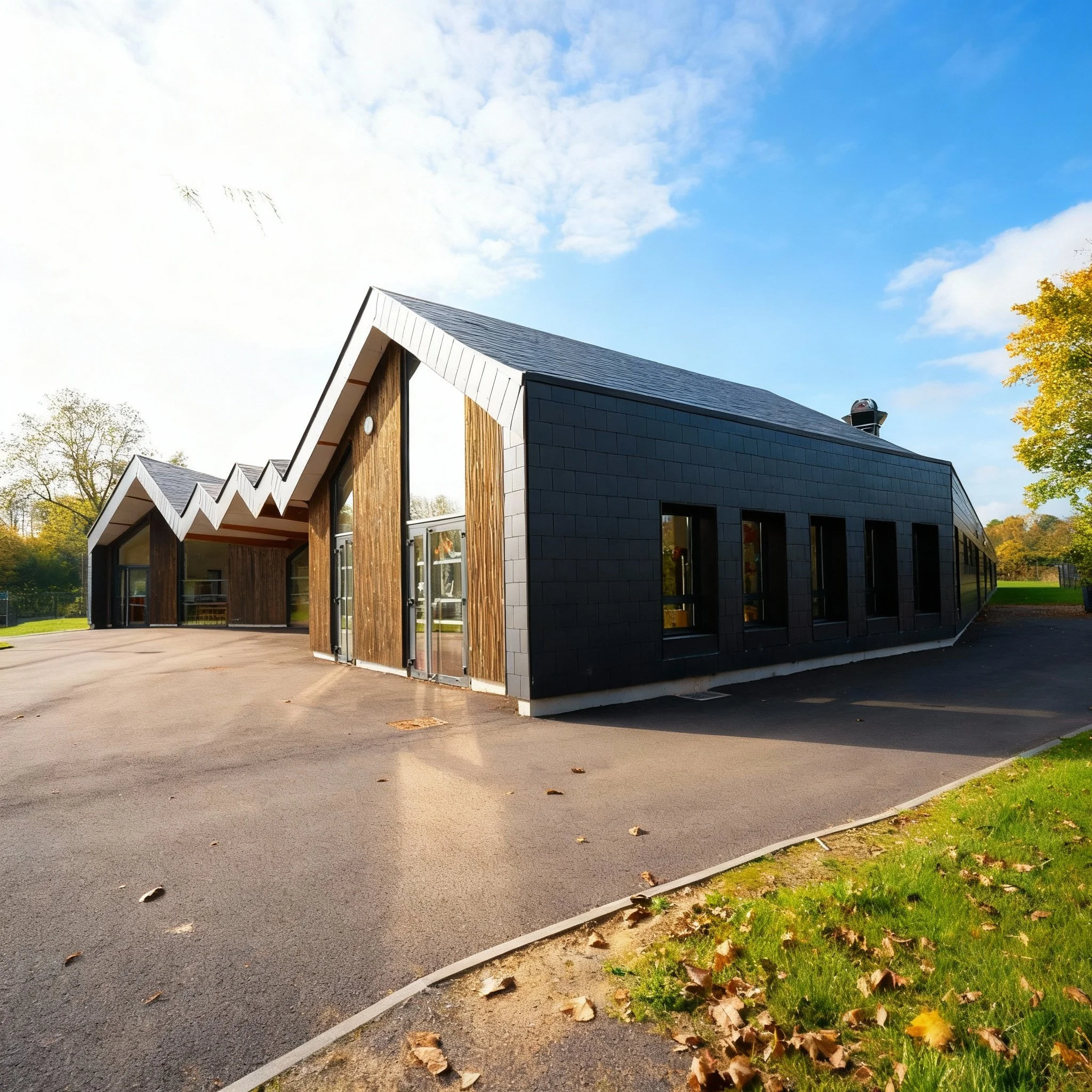 Modern building with distinctive zigzag roof design, black and wooden exterior, large windows, surrounded by trees with fall foliage, on a clear day.